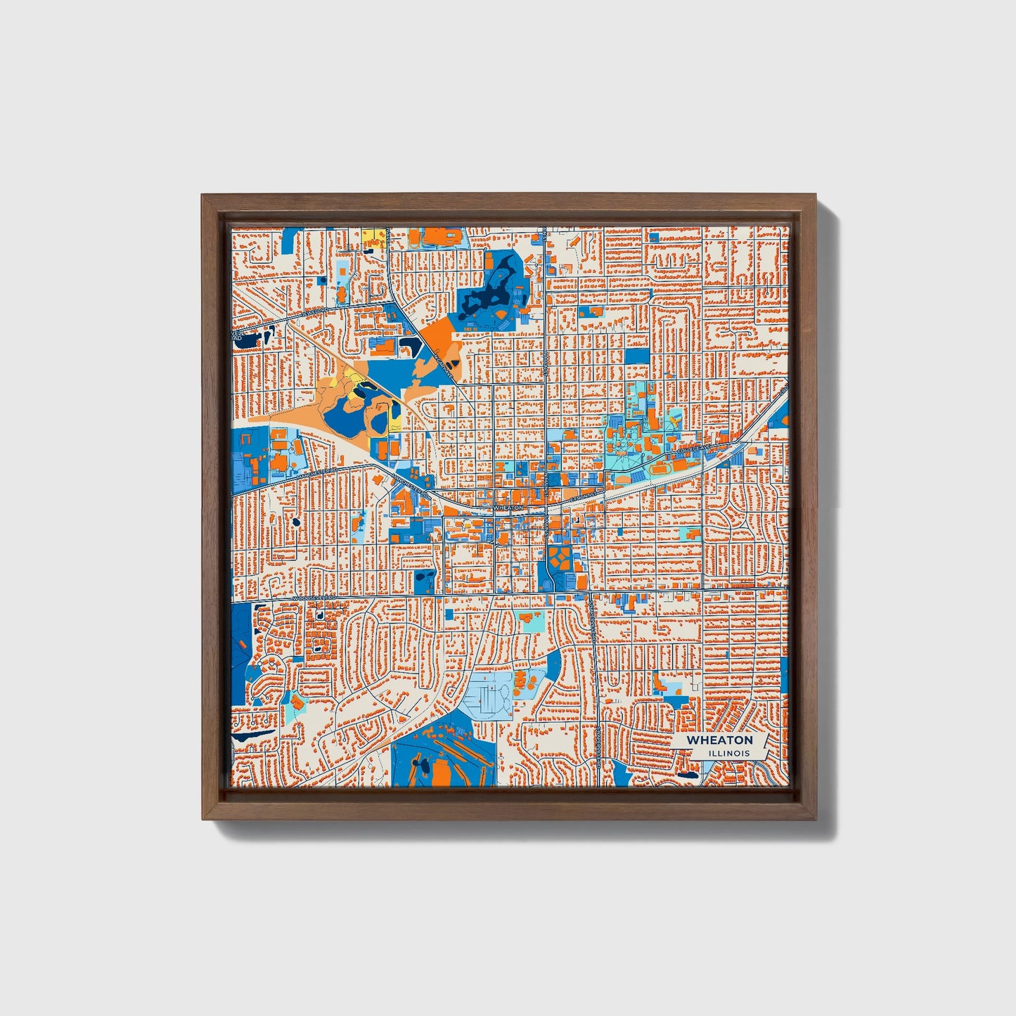 Wheaton Illinois Colorful City Map Canvas Print • Dark Wooden Framed
