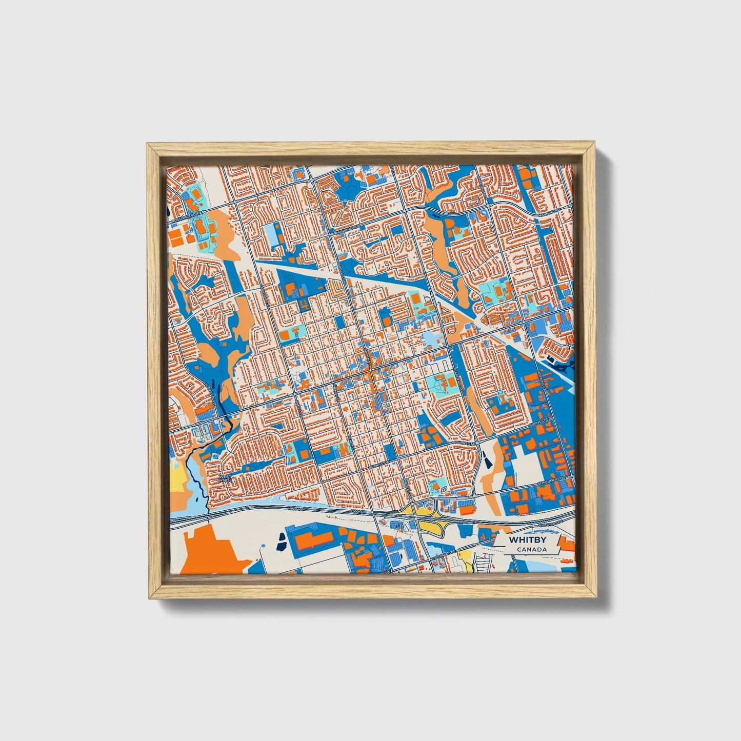 Whitby Canada Colorful City Map Canvas Print • Natural Wooden Framed