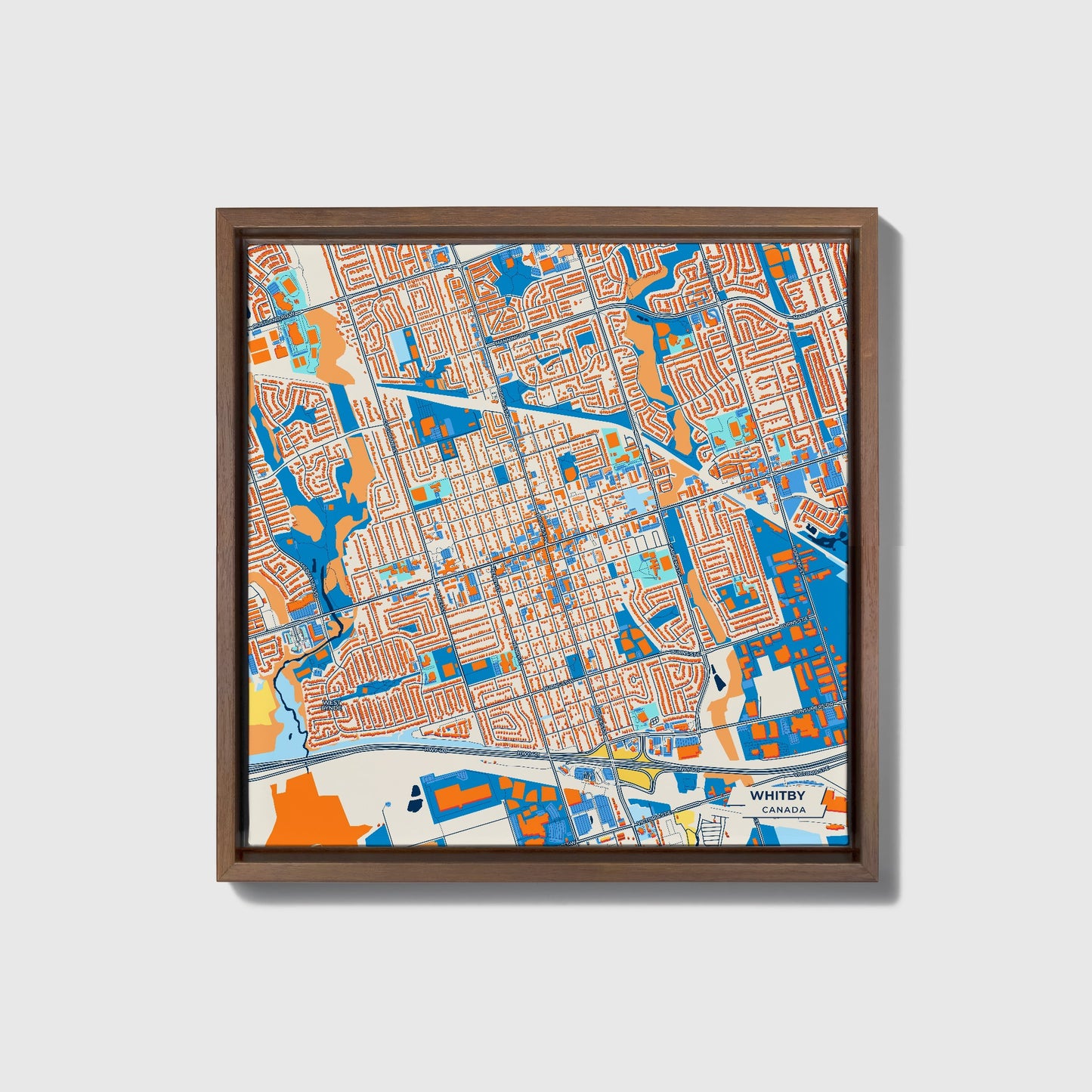 Whitby Canada Colorful City Map Canvas Print • Dark Wooden Framed