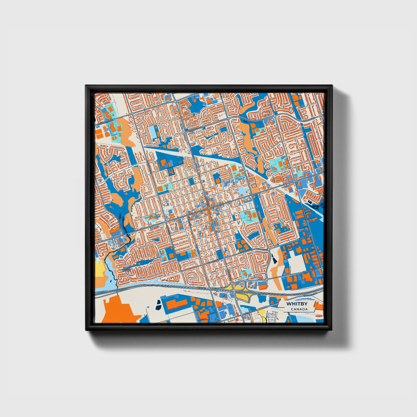 Whitby Canada Colorful City Map Canvas Print • Black Framed
