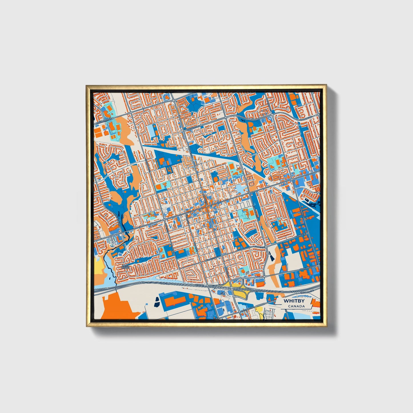 Whitby Canada Colorful City Map Canvas Print • Gold Framed