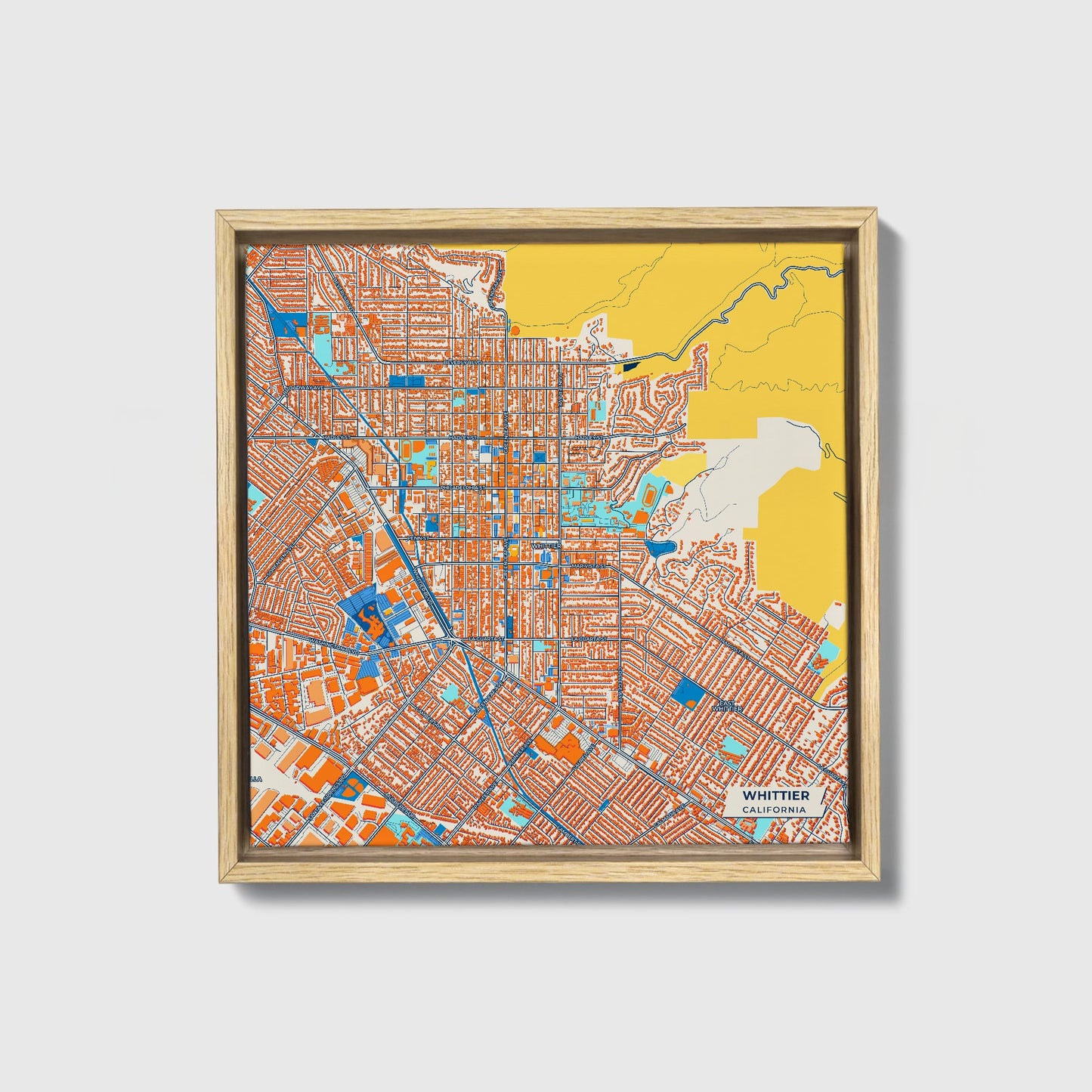 Whittier California Colorful City Map Canvas Print • Natural Wooden Framed
