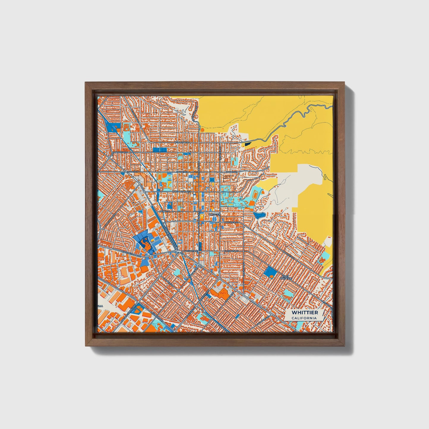 Whittier California Colorful City Map Canvas Print • Dark Wooden Framed