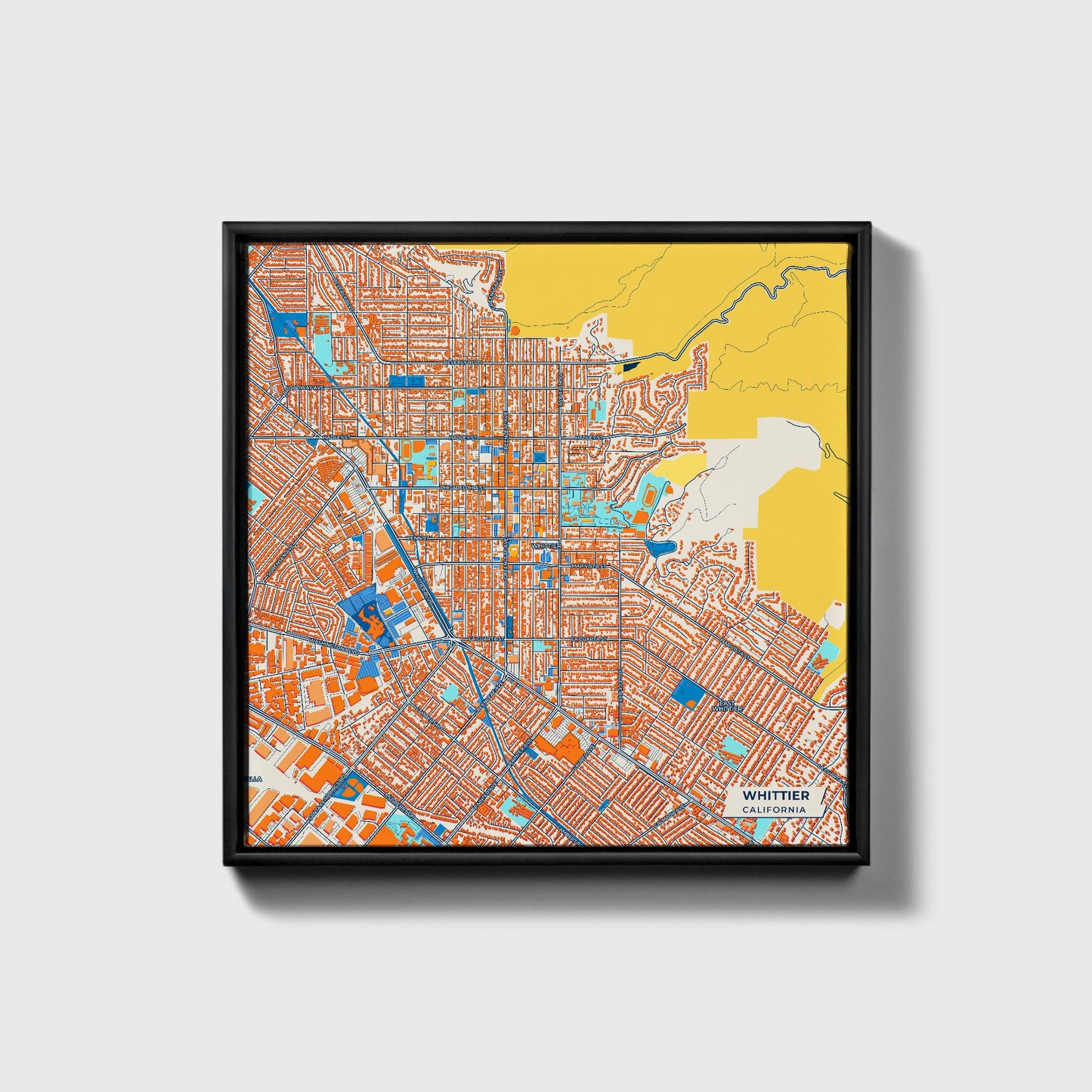 Whittier California Colorful City Map Canvas Print • Black Framed