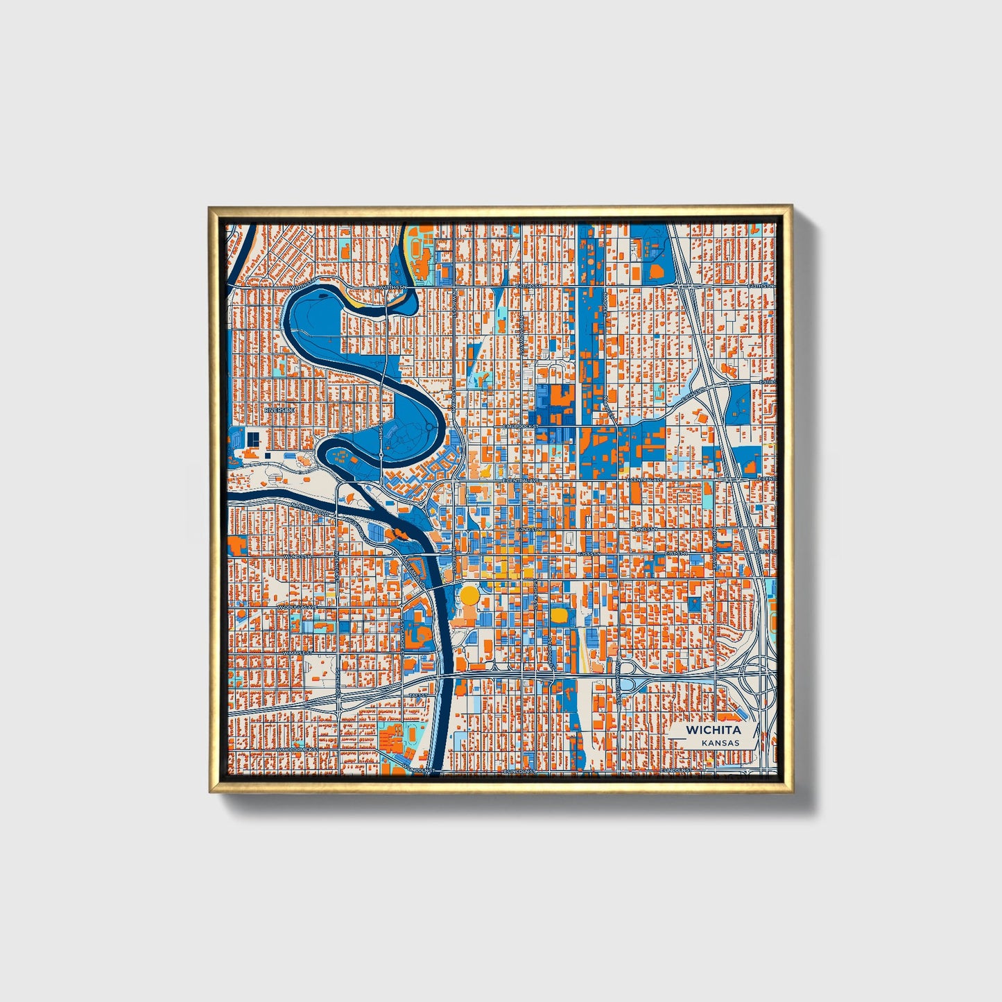 Wichita Kansas Colorful City Map Canvas Print • Gold Framed