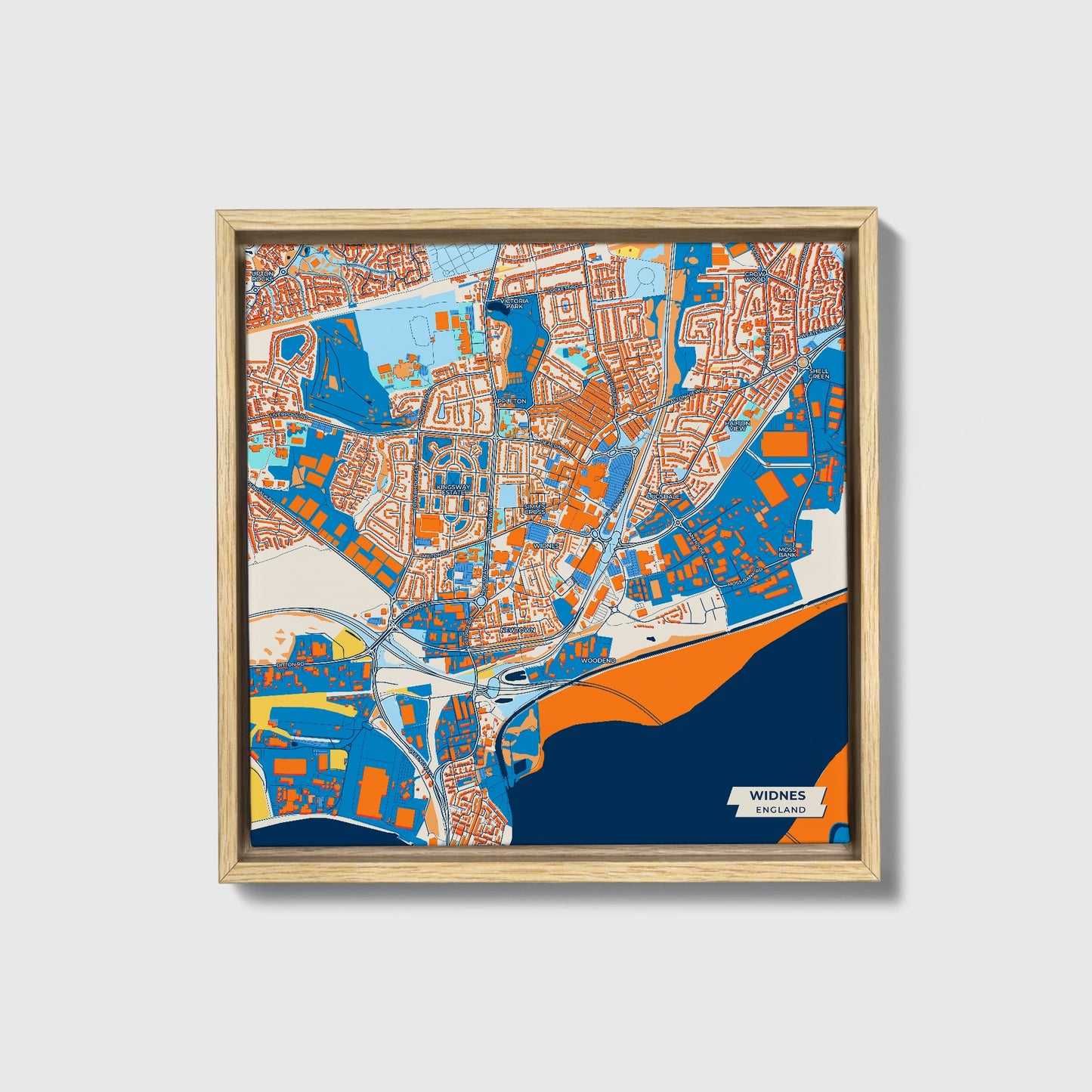 Widnes England Colorful City Map Canvas Print • Natural Wooden Framed