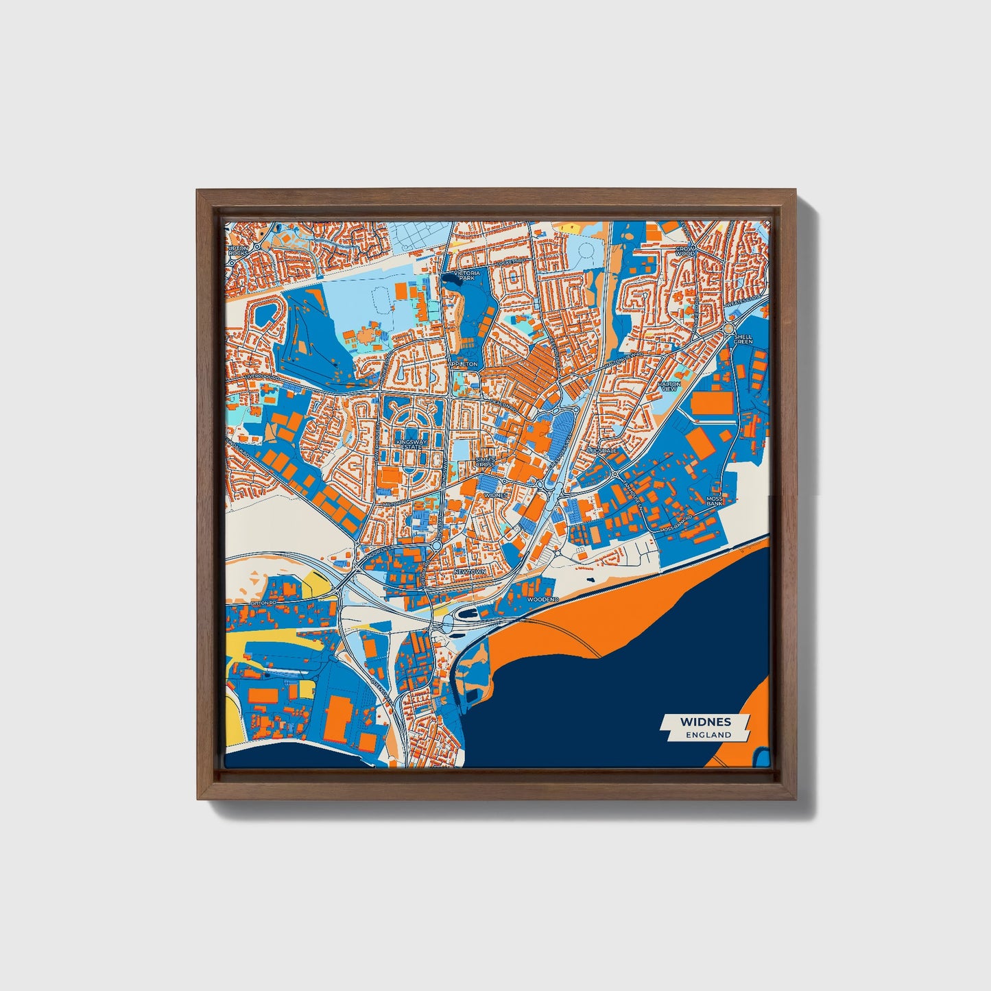 Widnes England Colorful City Map Canvas Print • Dark Wooden Framed