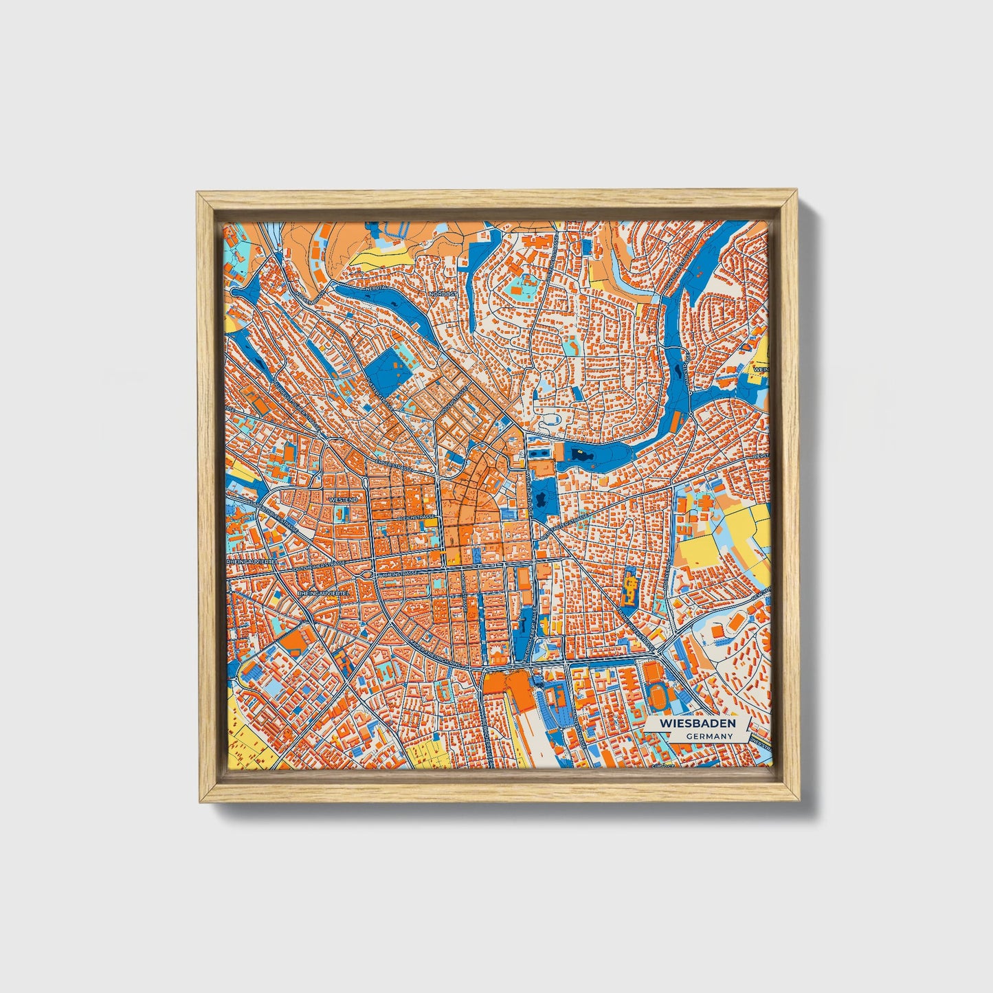 Wiesbaden Germany Colorful City Map Canvas Print • Natural Wooden Framed