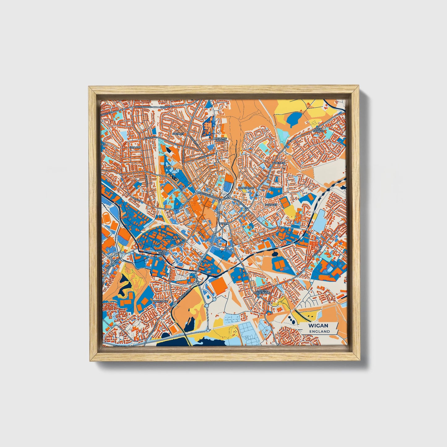 Wigan England Colorful City Map Canvas Print • Natural Wooden Framed