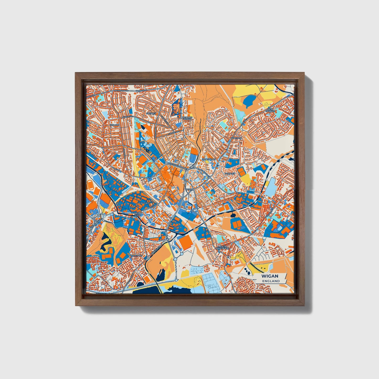 Wigan England Colorful City Map Canvas Print • Dark Wooden Framed