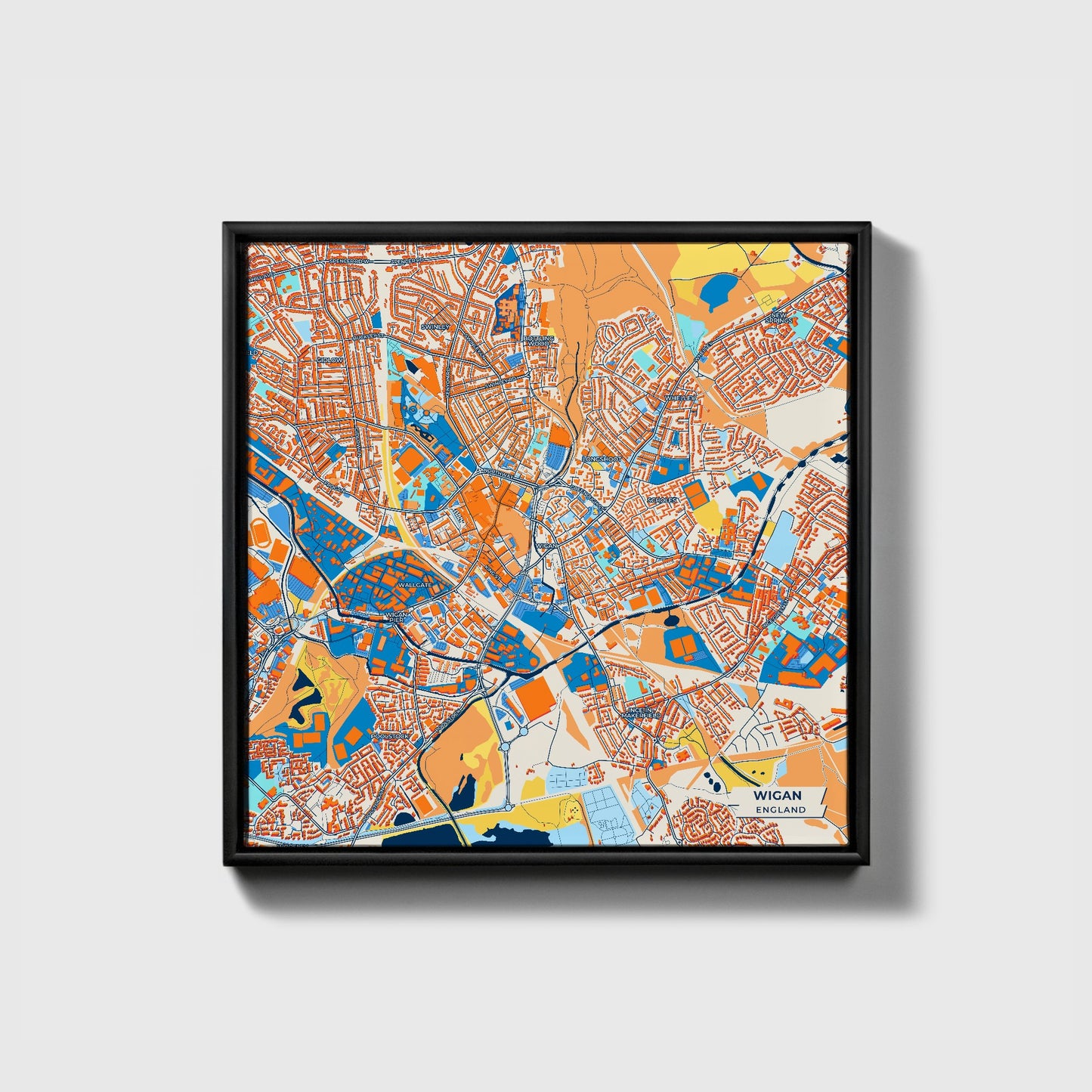 Wigan England Colorful City Map Canvas Print • Black Framed
