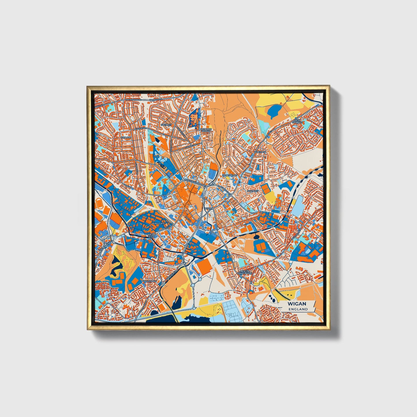 Wigan England Colorful City Map Canvas Print • Gold Framed