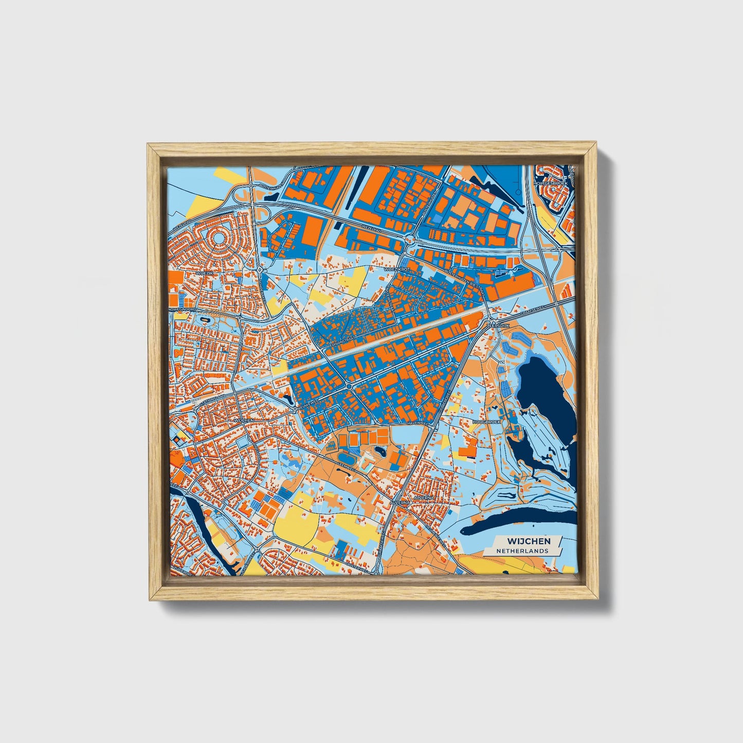 Wijchen Netherlands Colorful City Map Canvas Print • Natural Wooden Framed