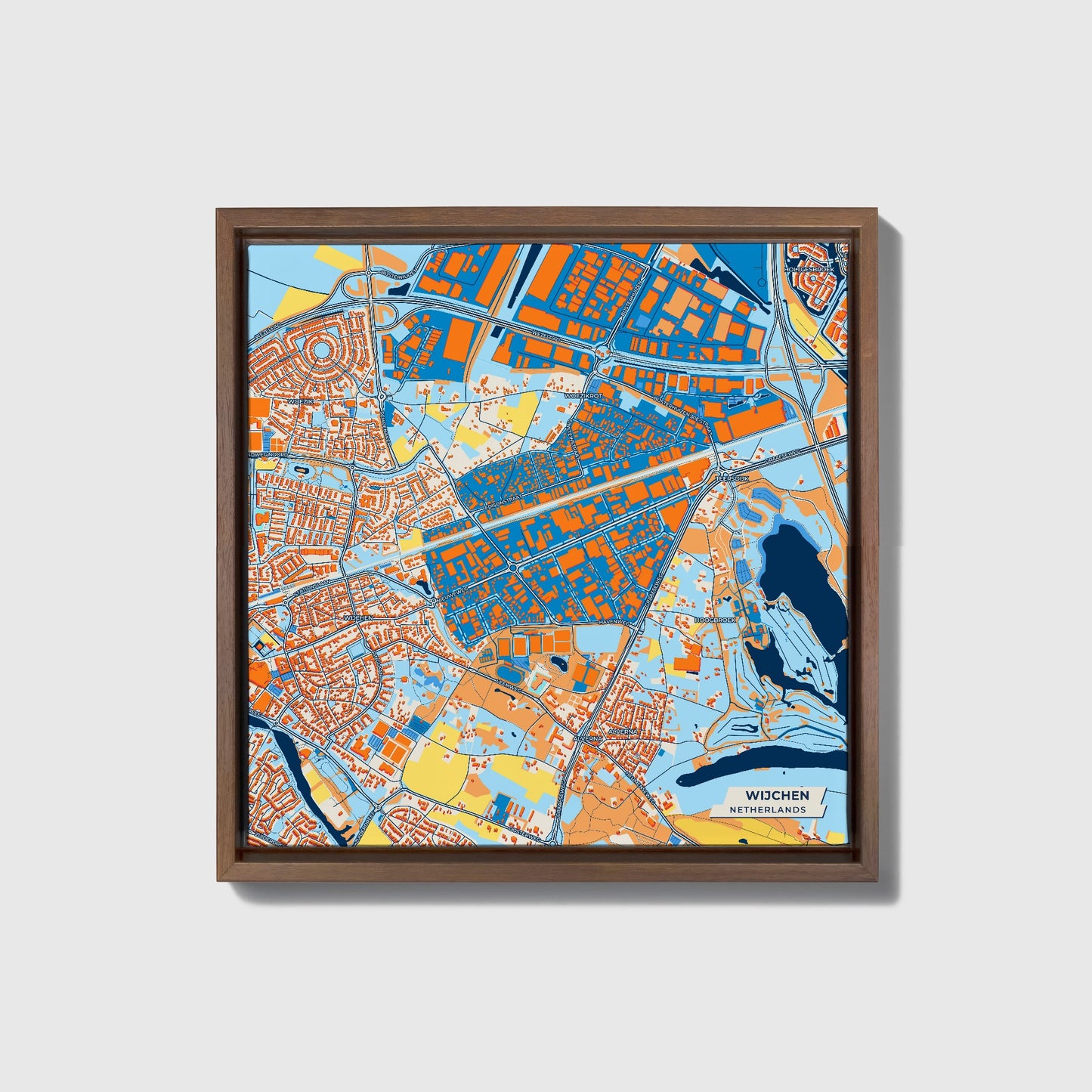 Wijchen Netherlands Colorful City Map Canvas Print • Dark Wooden Framed