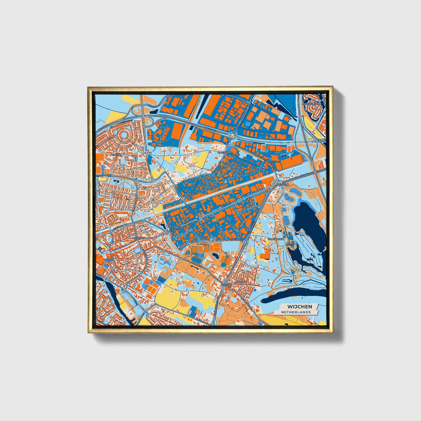 Wijchen Netherlands Colorful City Map Canvas Print • Gold Framed