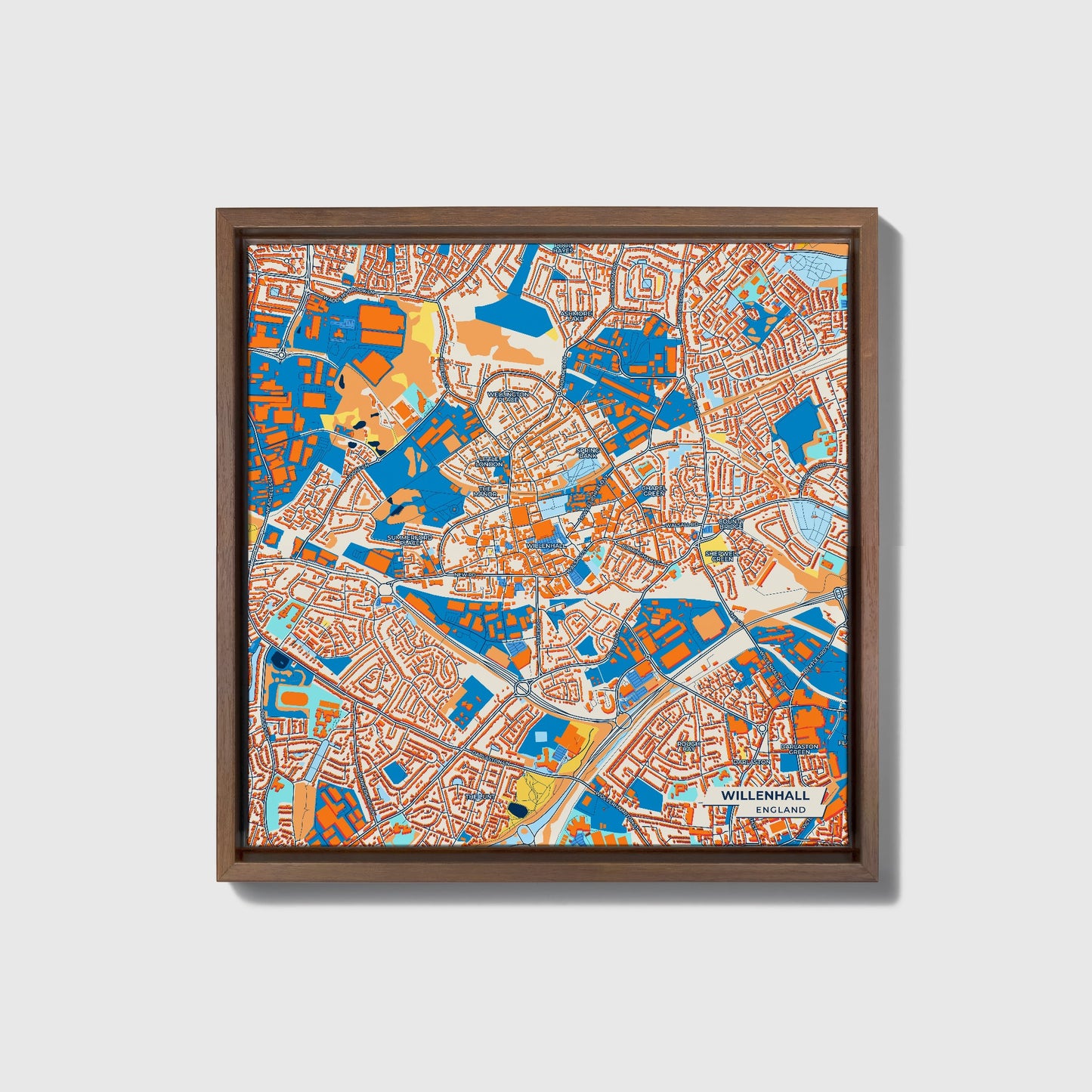 Willenhall England Colorful City Map Canvas Print • Dark Wooden Framed