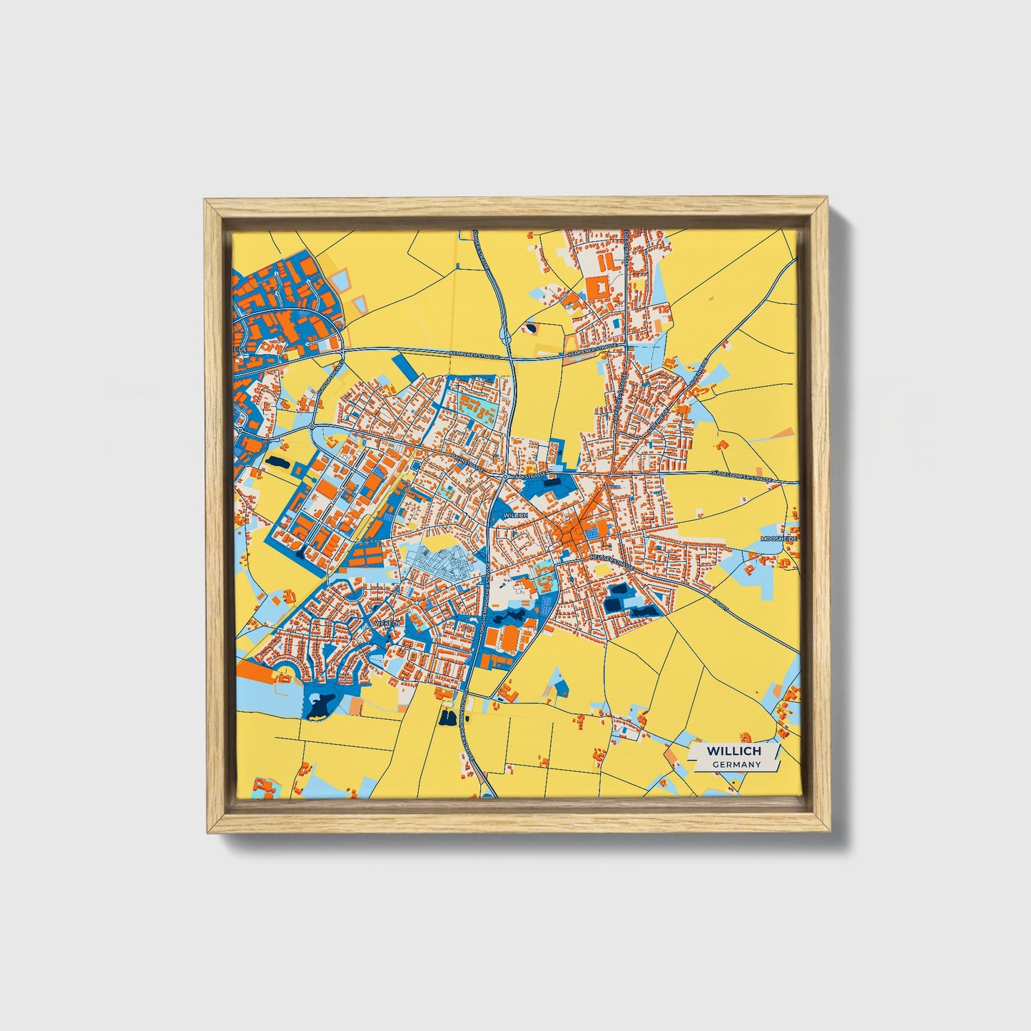 Willich Germany Colorful City Map Canvas Print • Natural Wooden Framed