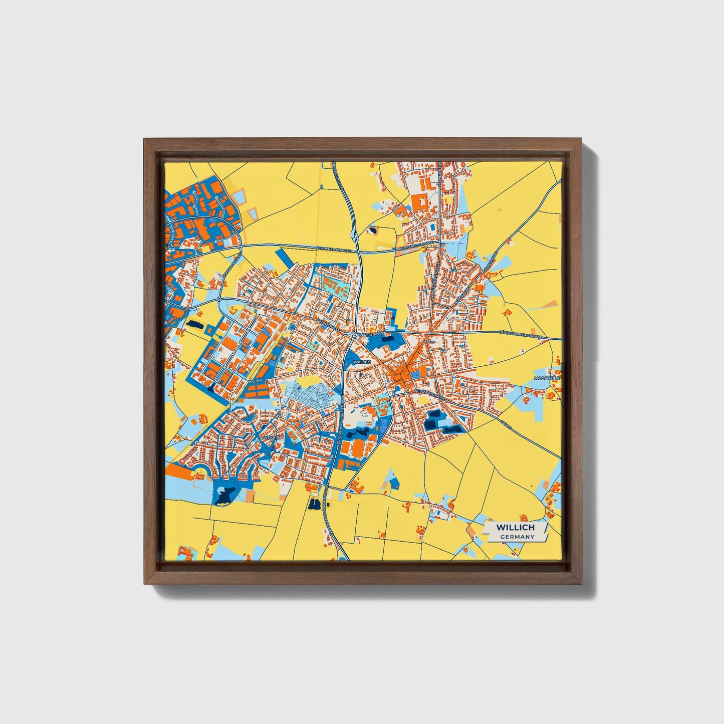 Willich Germany Colorful City Map Canvas Print • Dark Wooden Framed