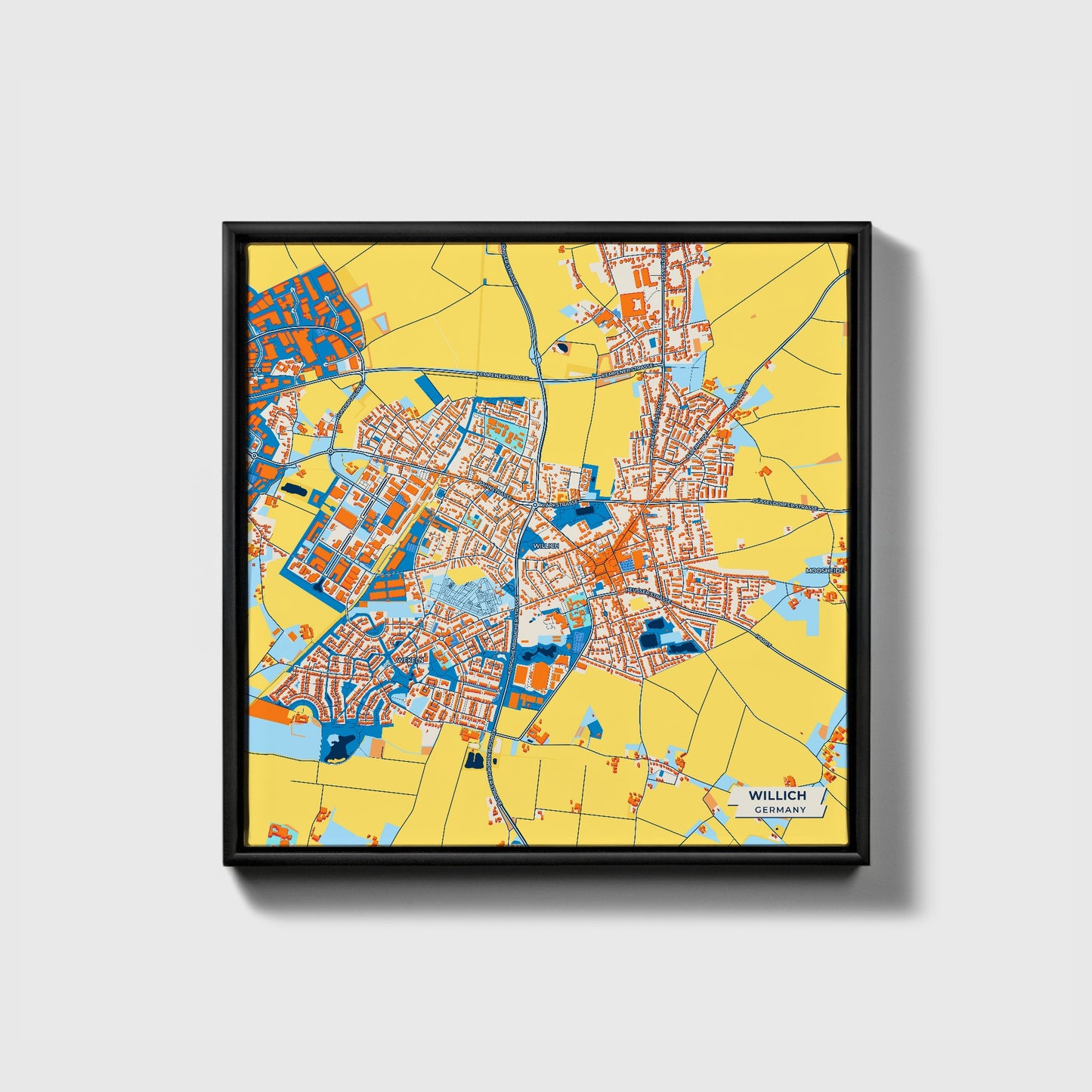 Willich Germany Colorful City Map Canvas Print • Black Framed