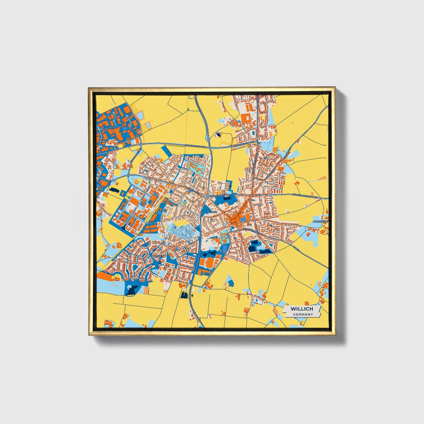 Willich Germany Colorful City Map Canvas Print • Gold Framed