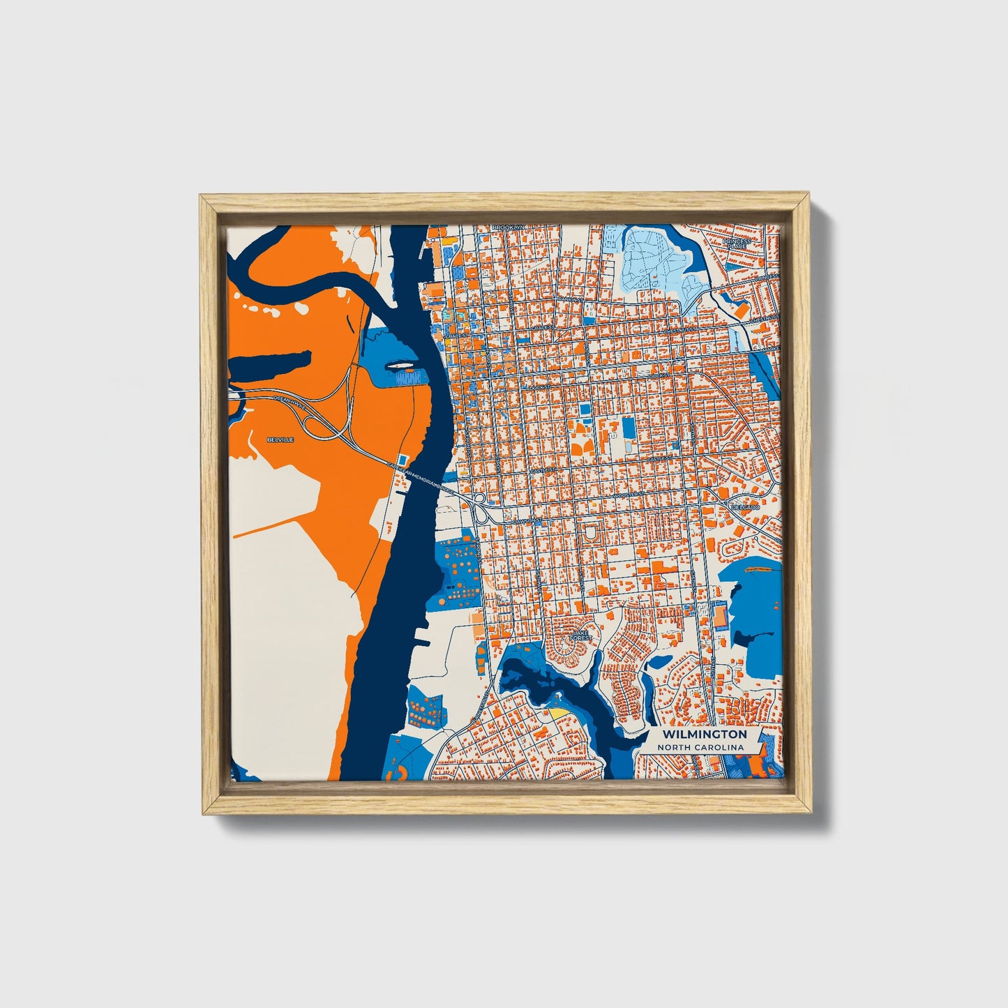Wilmington North Carolina Colorful City Map Canvas Print • Natural Wooden Framed