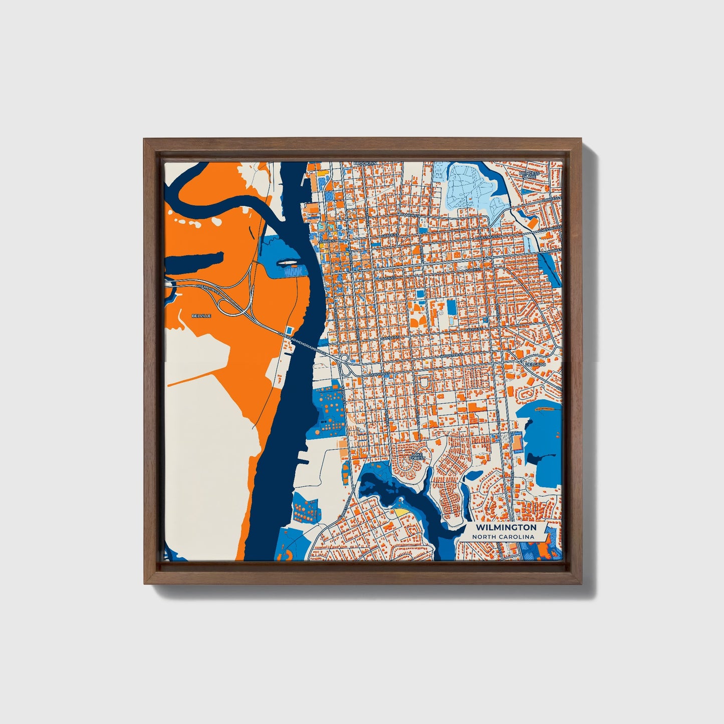 Wilmington North Carolina Colorful City Map Canvas Print • Dark Wooden Framed