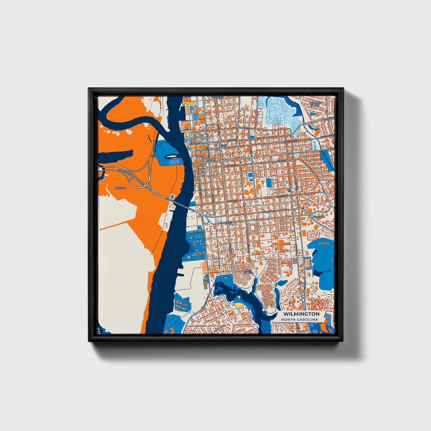 Wilmington North Carolina Colorful City Map Canvas Print • Black Framed