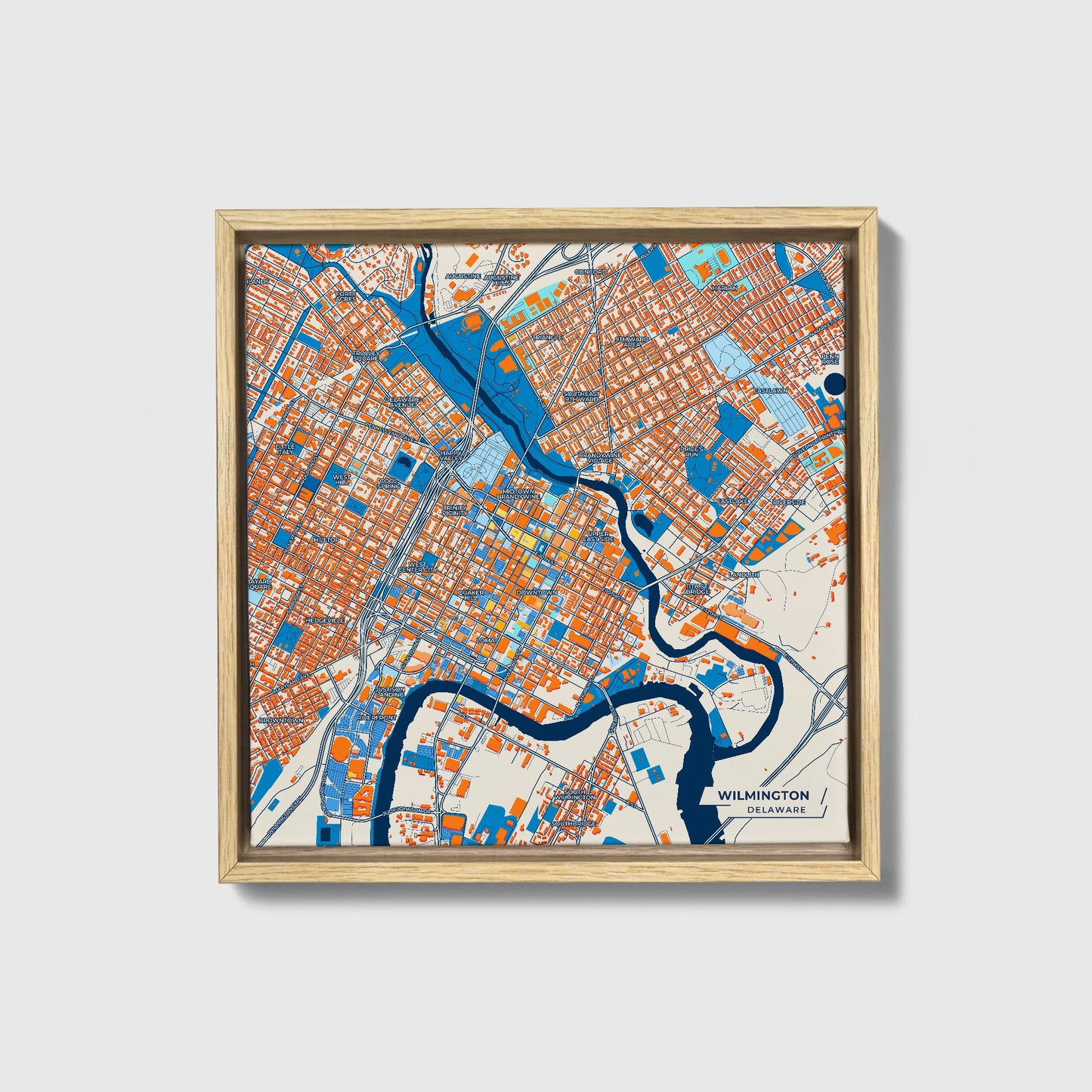 Wilmington Delaware Colorful City Map Canvas Print • Natural Wooden Framed
