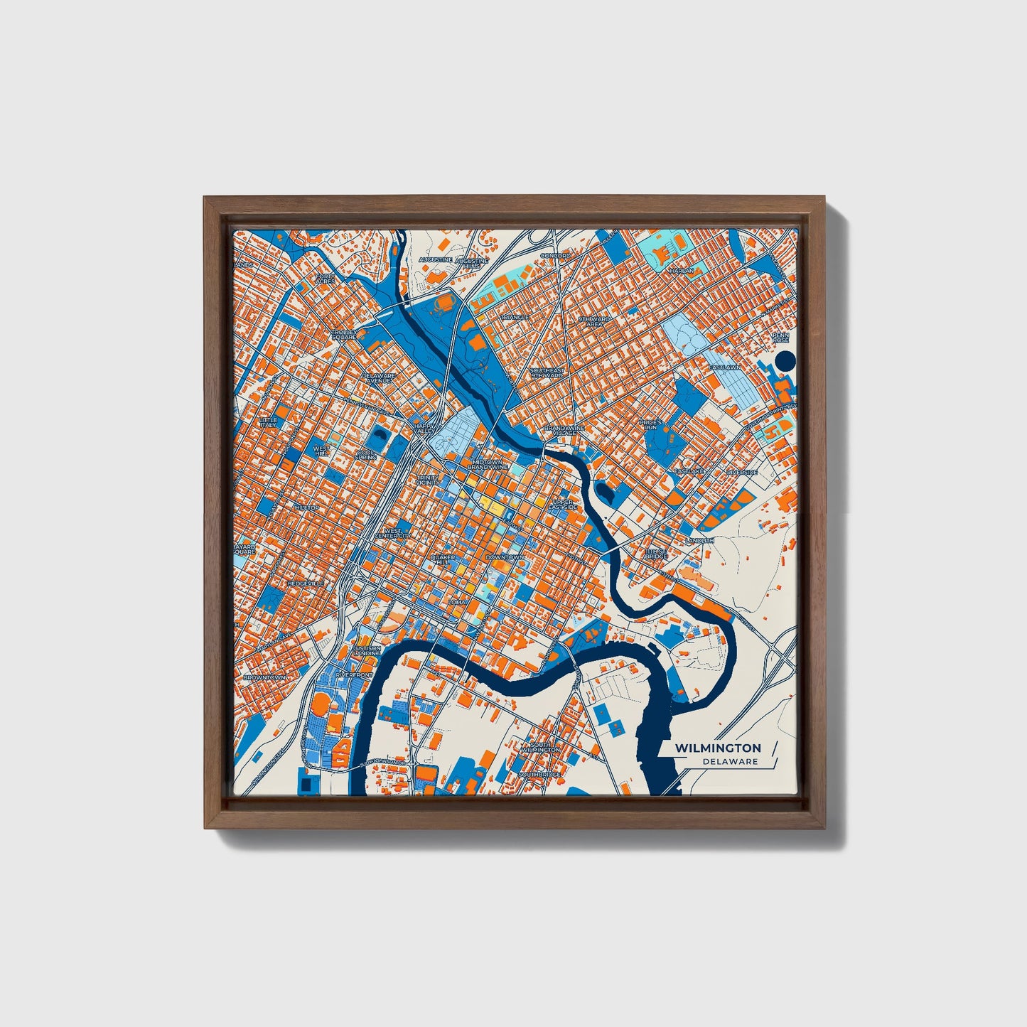 Wilmington Delaware Colorful City Map Canvas Print • Dark Wooden Framed
