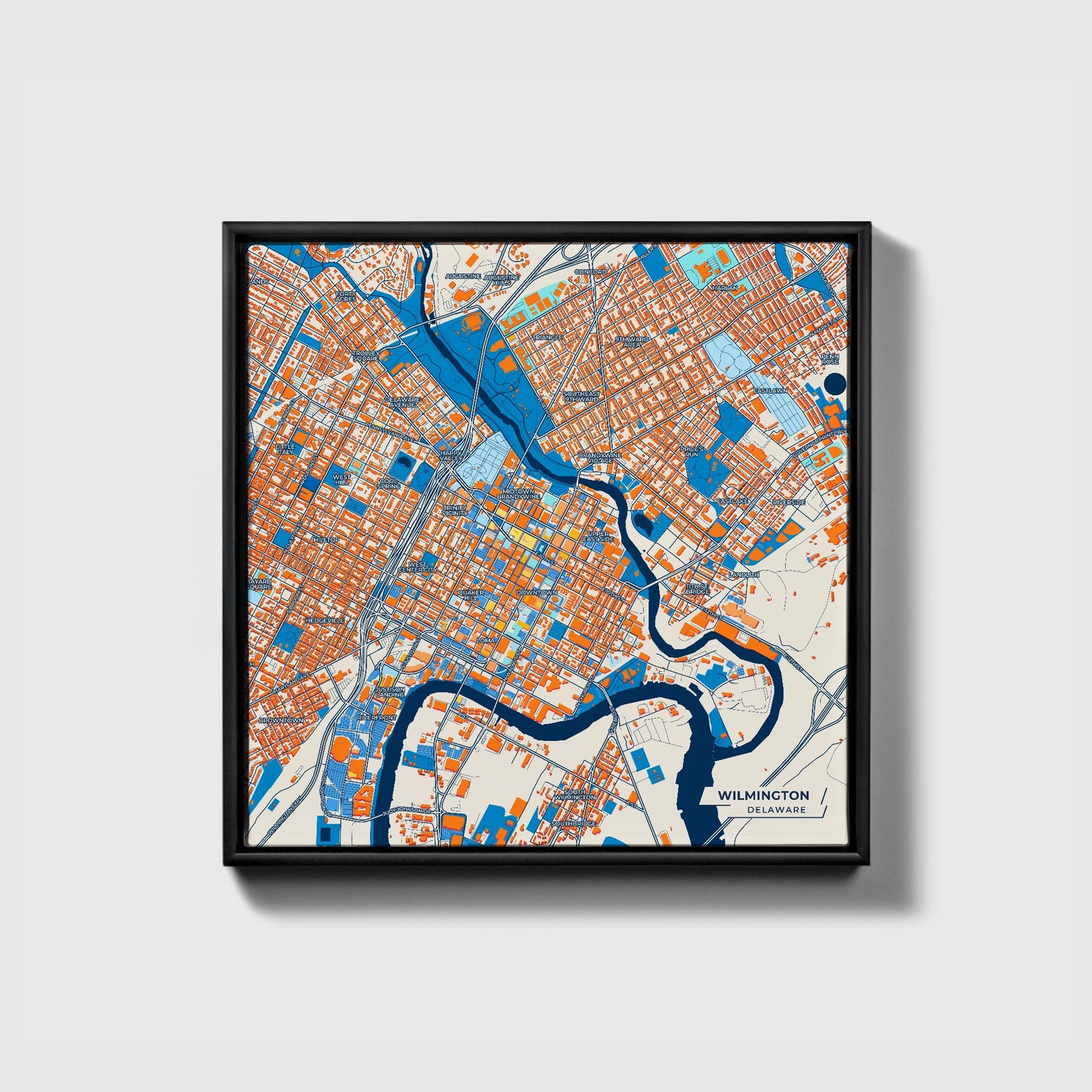 Wilmington Delaware Colorful City Map Canvas Print • Black Framed