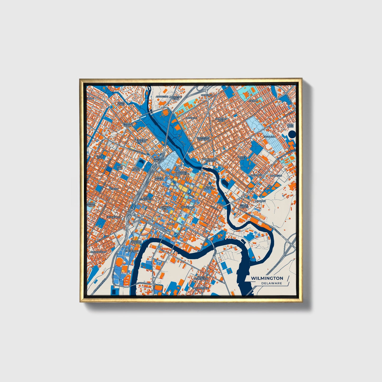 Wilmington Delaware Colorful City Map Canvas Print • Gold Framed