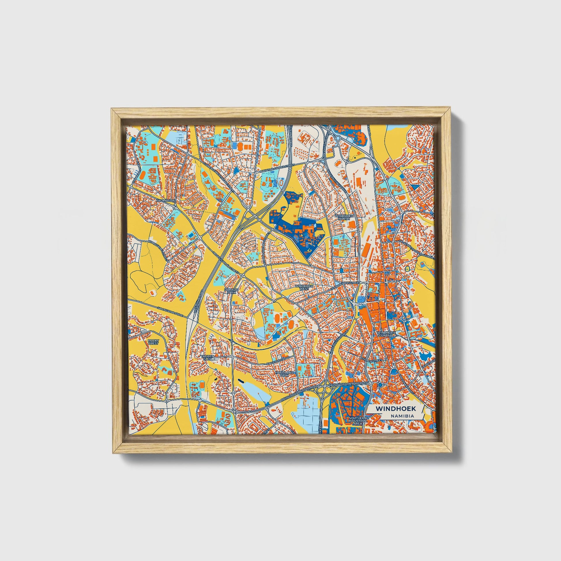 Windhoek Namibia Colorful City Map Canvas Print • Natural Wooden Framed