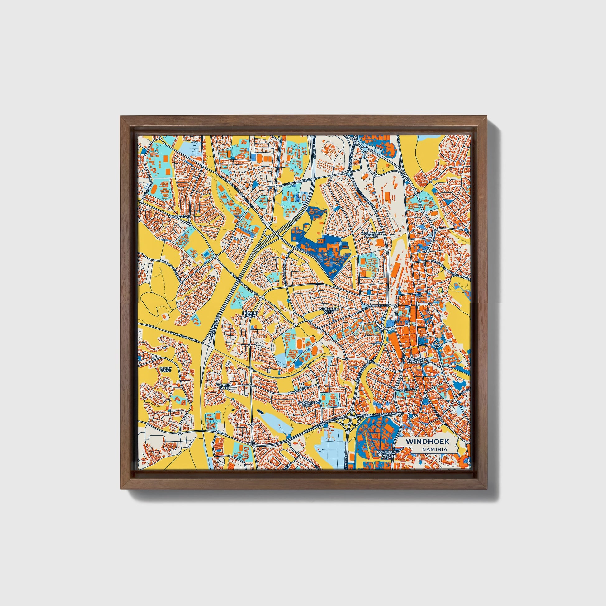 Windhoek Namibia Colorful City Map Canvas Print • Dark Wooden Framed