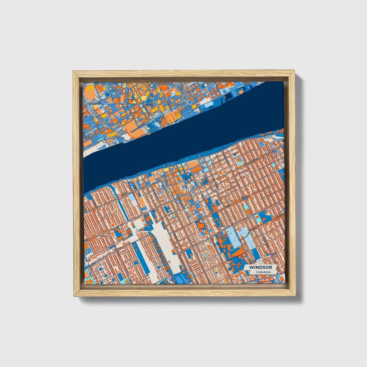 Windsor Canada Colorful City Map Canvas Print • Natural Wooden Framed
