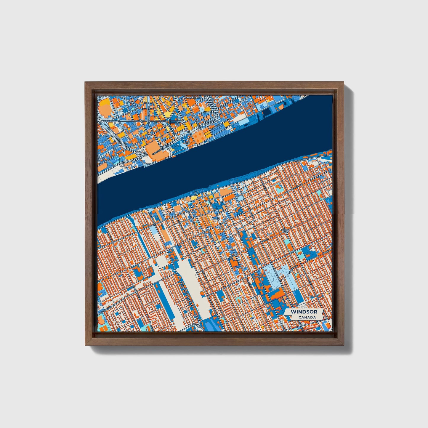 Windsor Canada Colorful City Map Canvas Print • Dark Wooden Framed