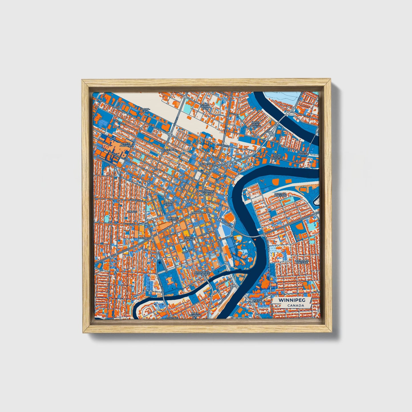 Winnipeg Canada Colorful City Map Canvas Print • Natural Wooden Framed