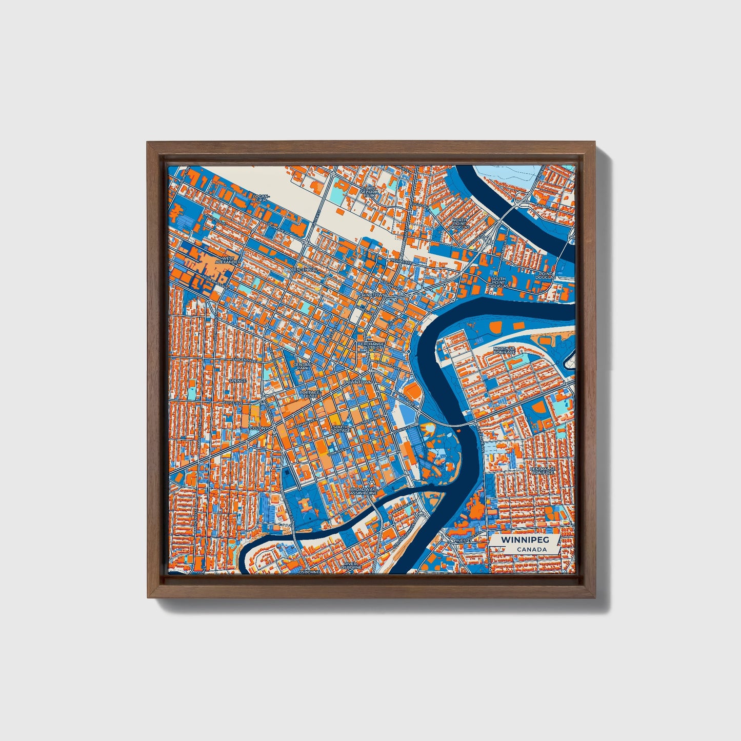 Winnipeg Canada Colorful City Map Canvas Print • Dark Wooden Framed