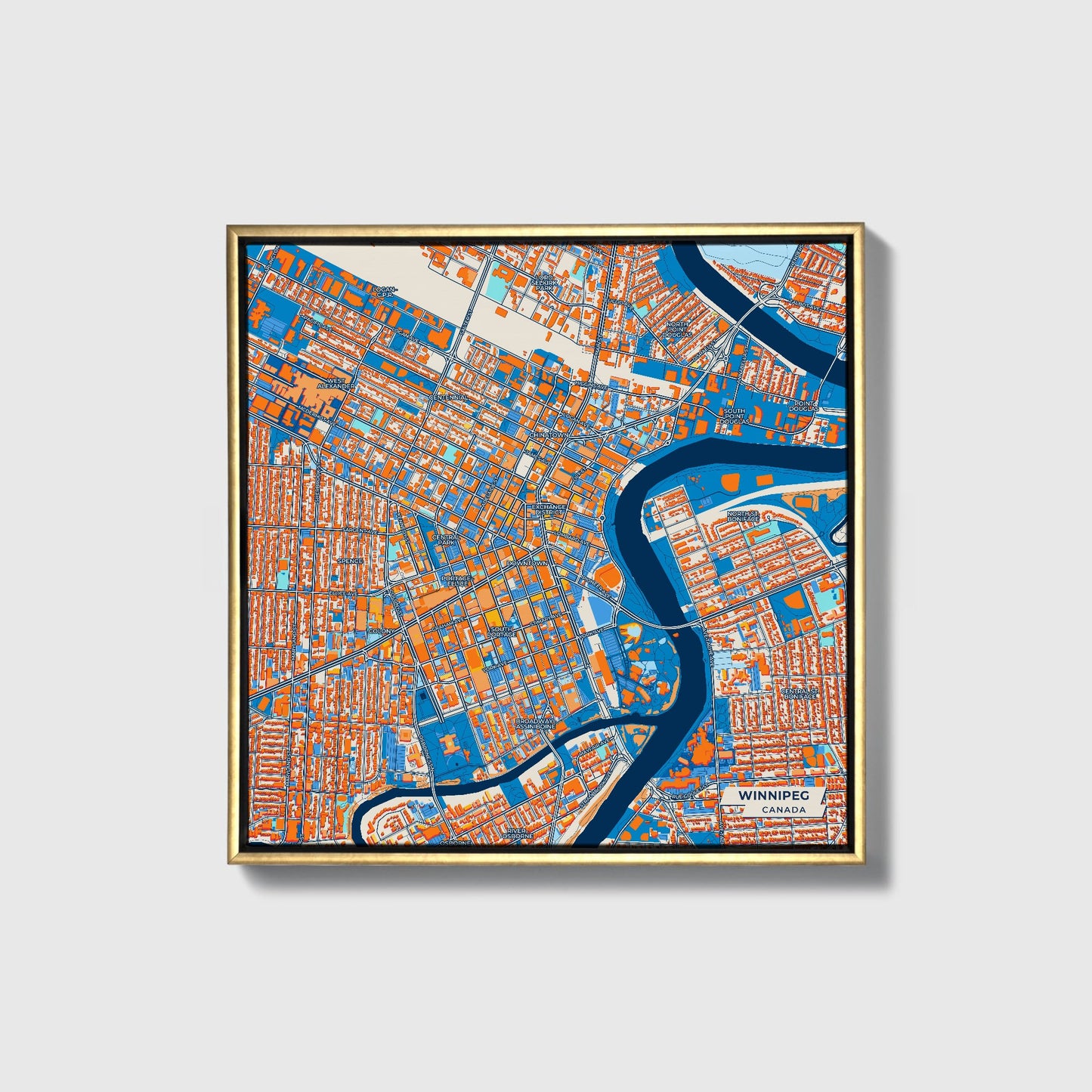 Winnipeg Canada Colorful City Map Canvas Print • Gold Framed