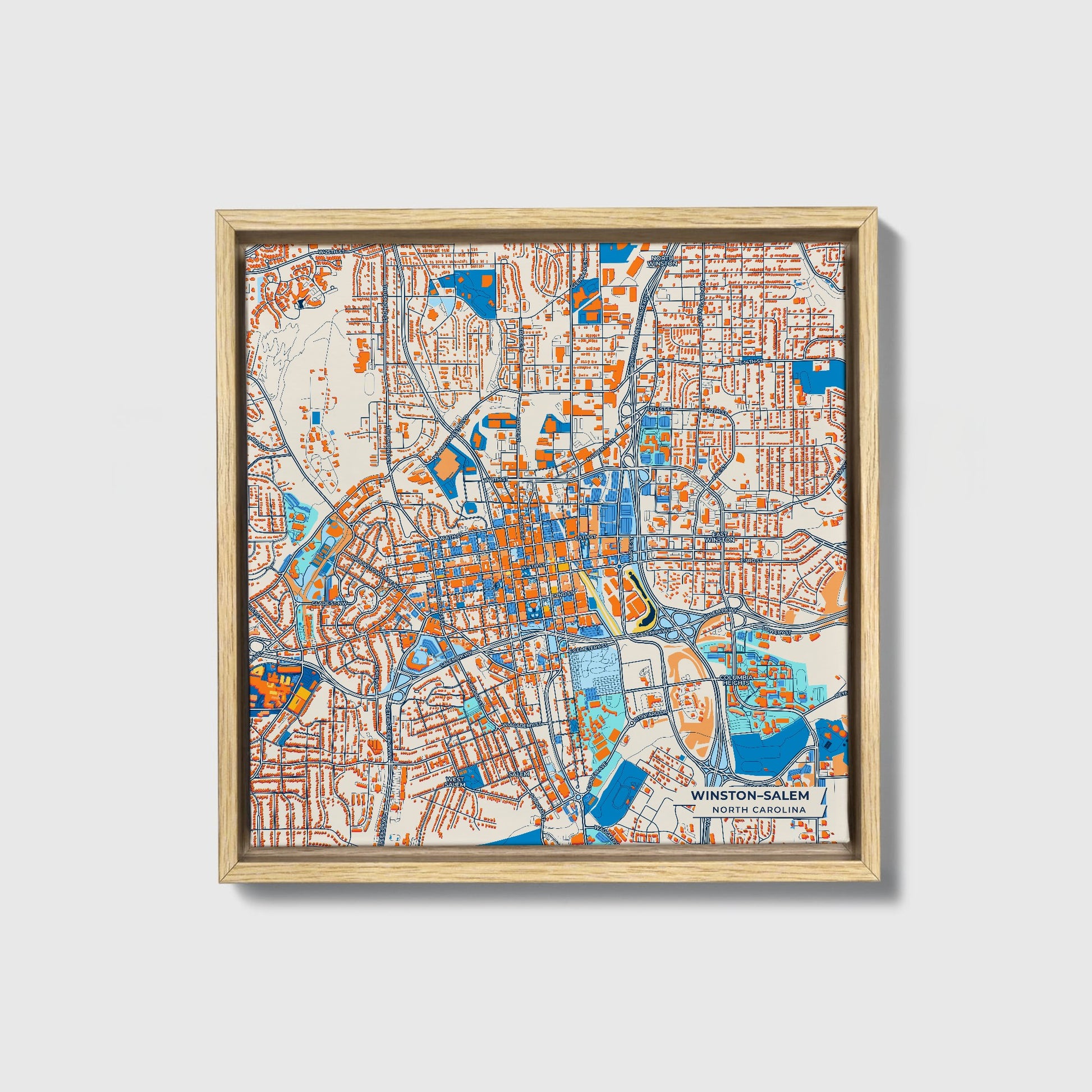 Winston–Salem North Carolina Colorful City Map Canvas Print • Natural Wooden Framed