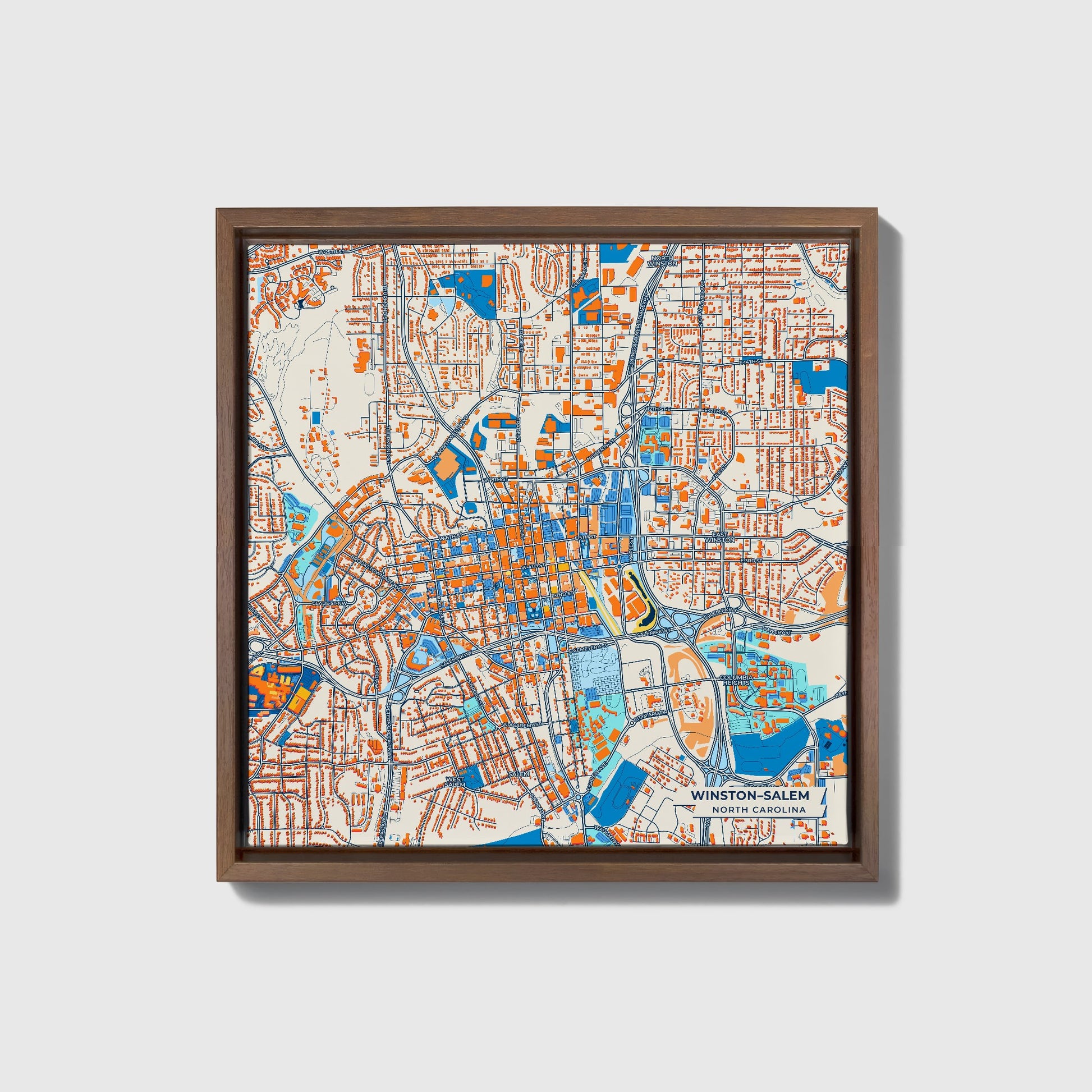 Winston–Salem North Carolina Colorful City Map Canvas Print • Dark Wooden Framed