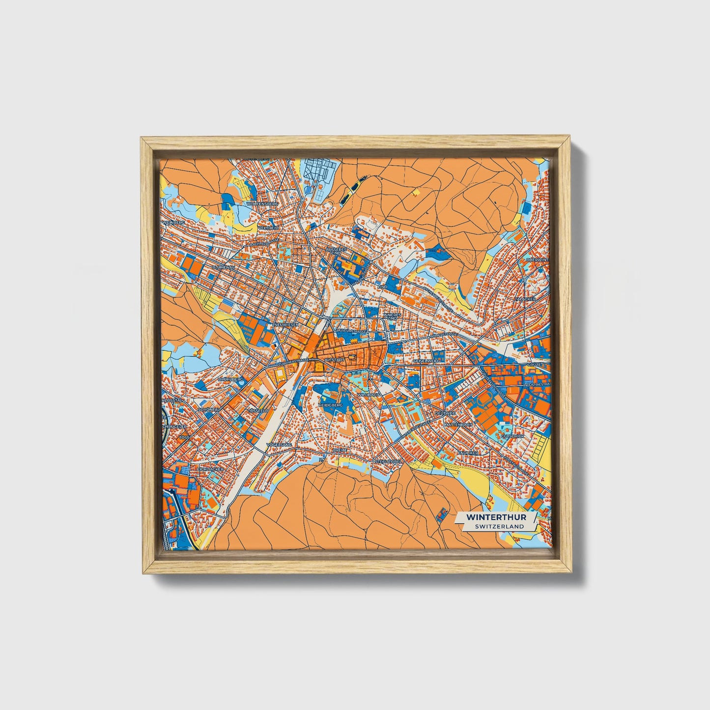 Winterthur Switzerland Colorful City Map Canvas Print • Natural Wooden Framed