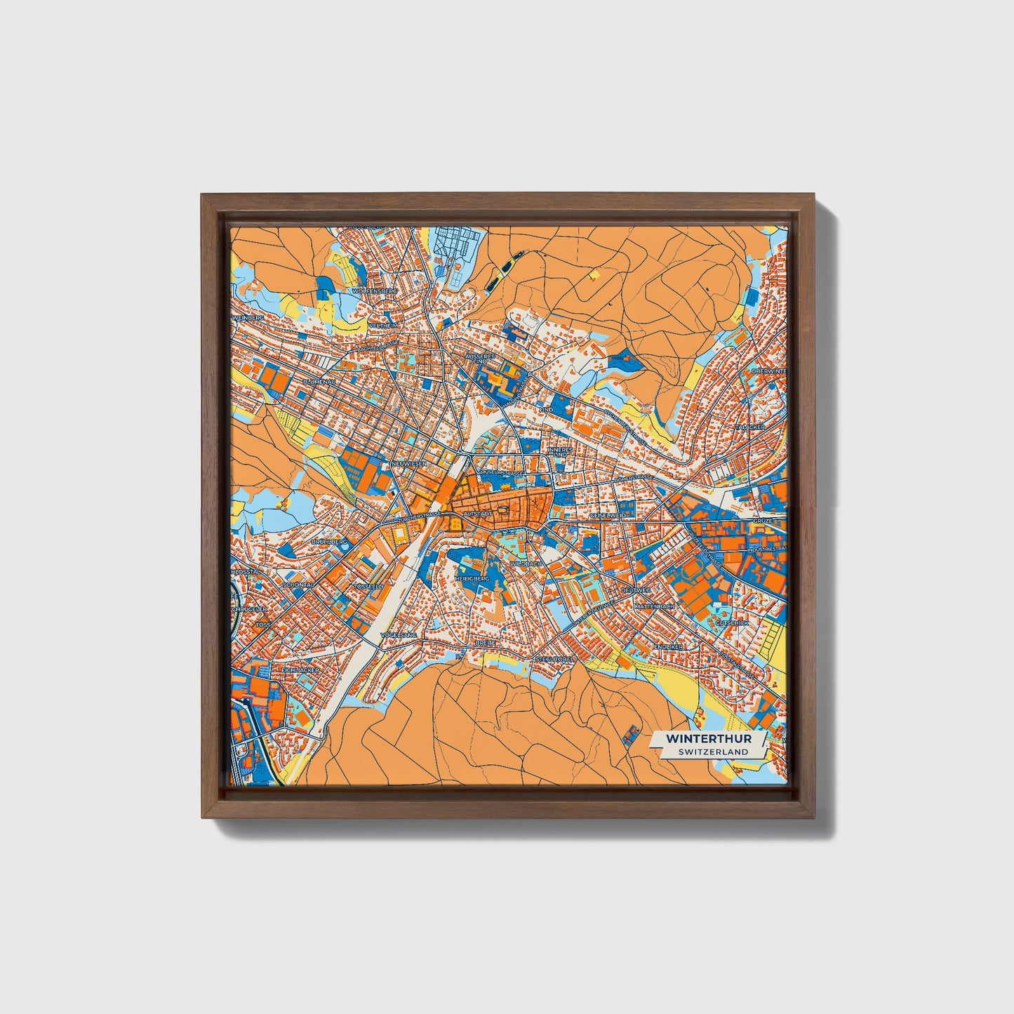 Winterthur Switzerland Colorful City Map Canvas Print • Dark Wooden Framed