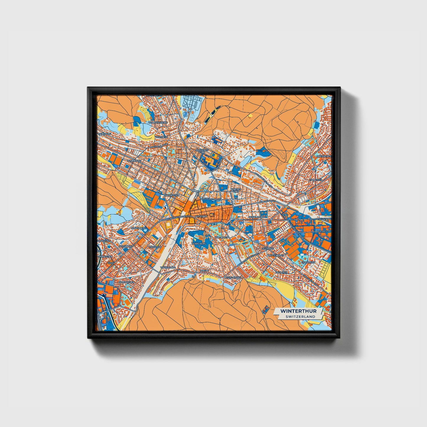 Winterthur Switzerland Colorful City Map Canvas Print • Black Framed