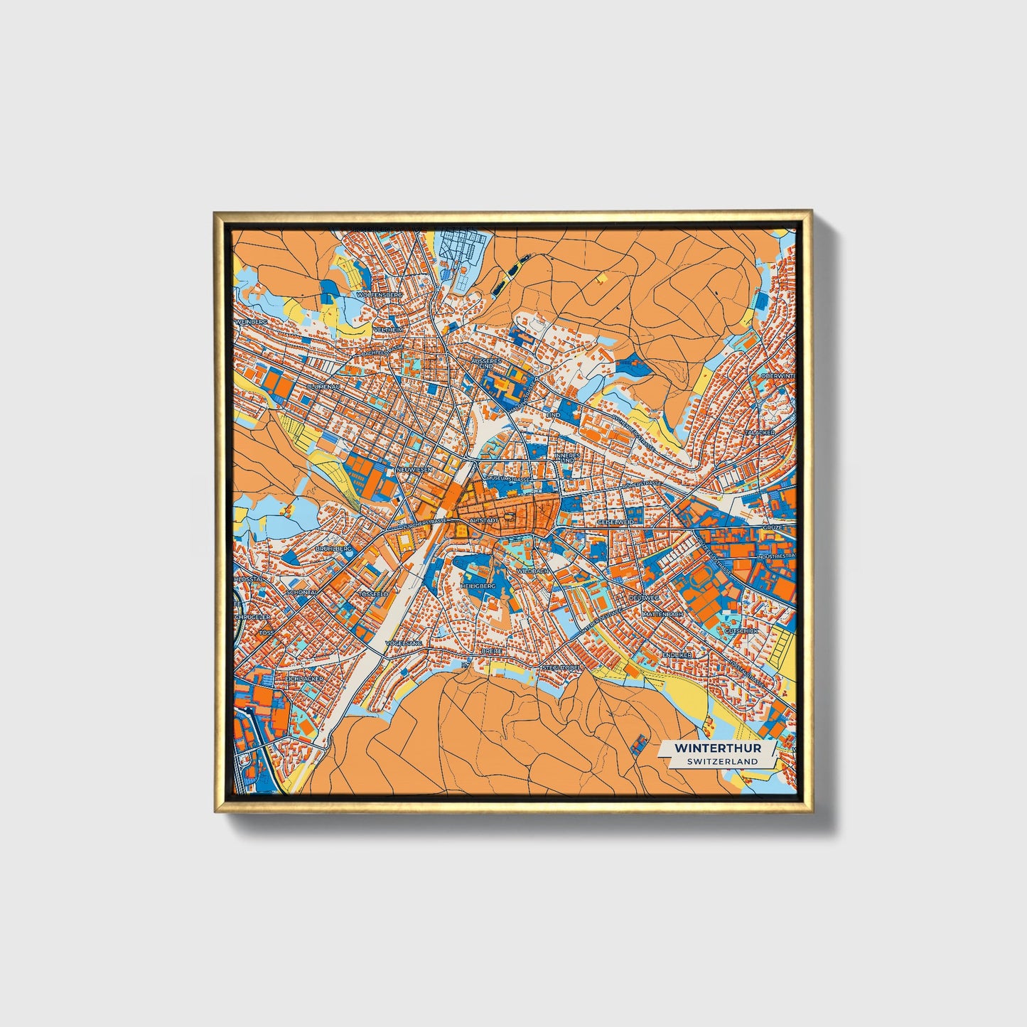 Winterthur Switzerland Colorful City Map Canvas Print • Gold Framed
