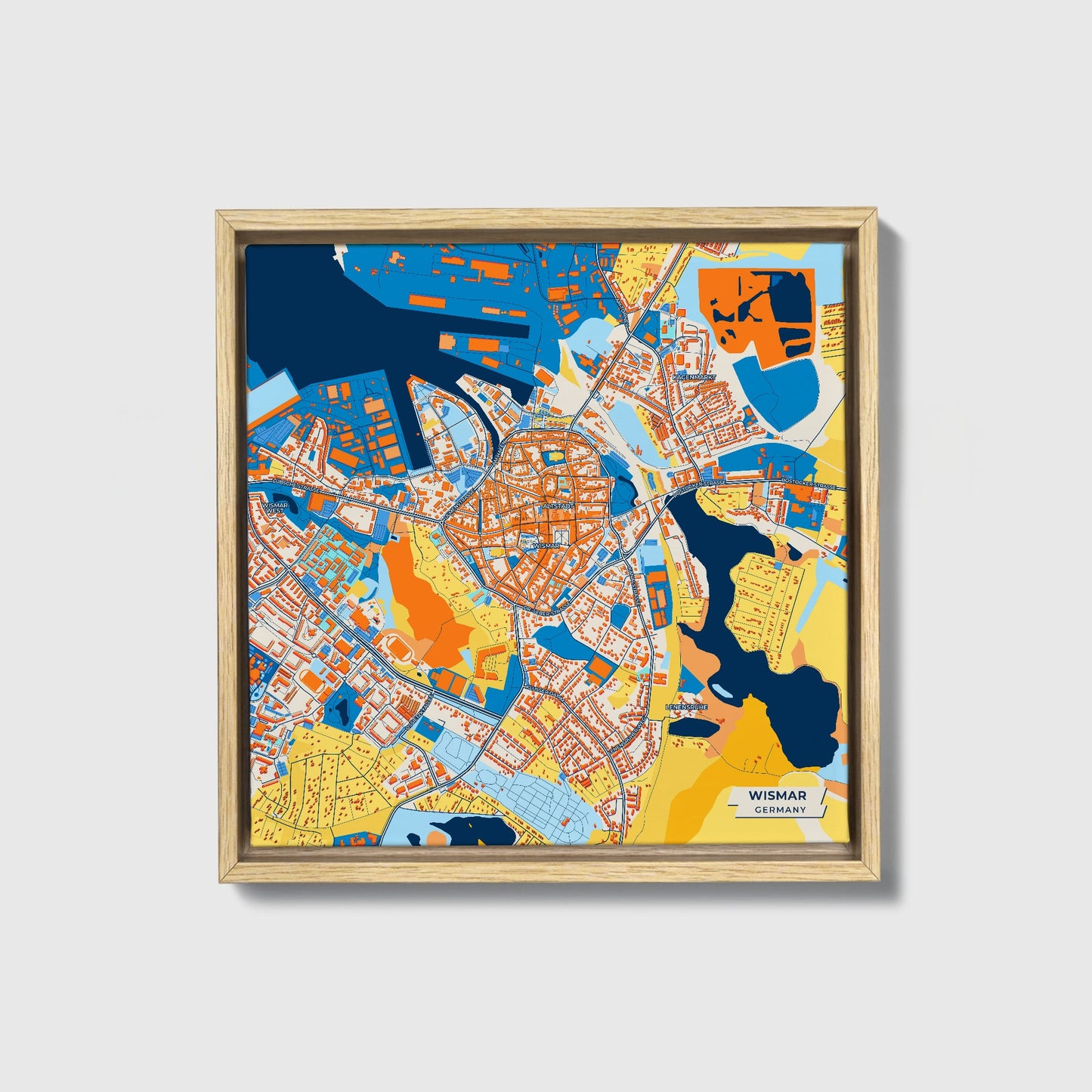 Wismar Germany Colorful City Map Canvas Print • Natural Wooden Framed