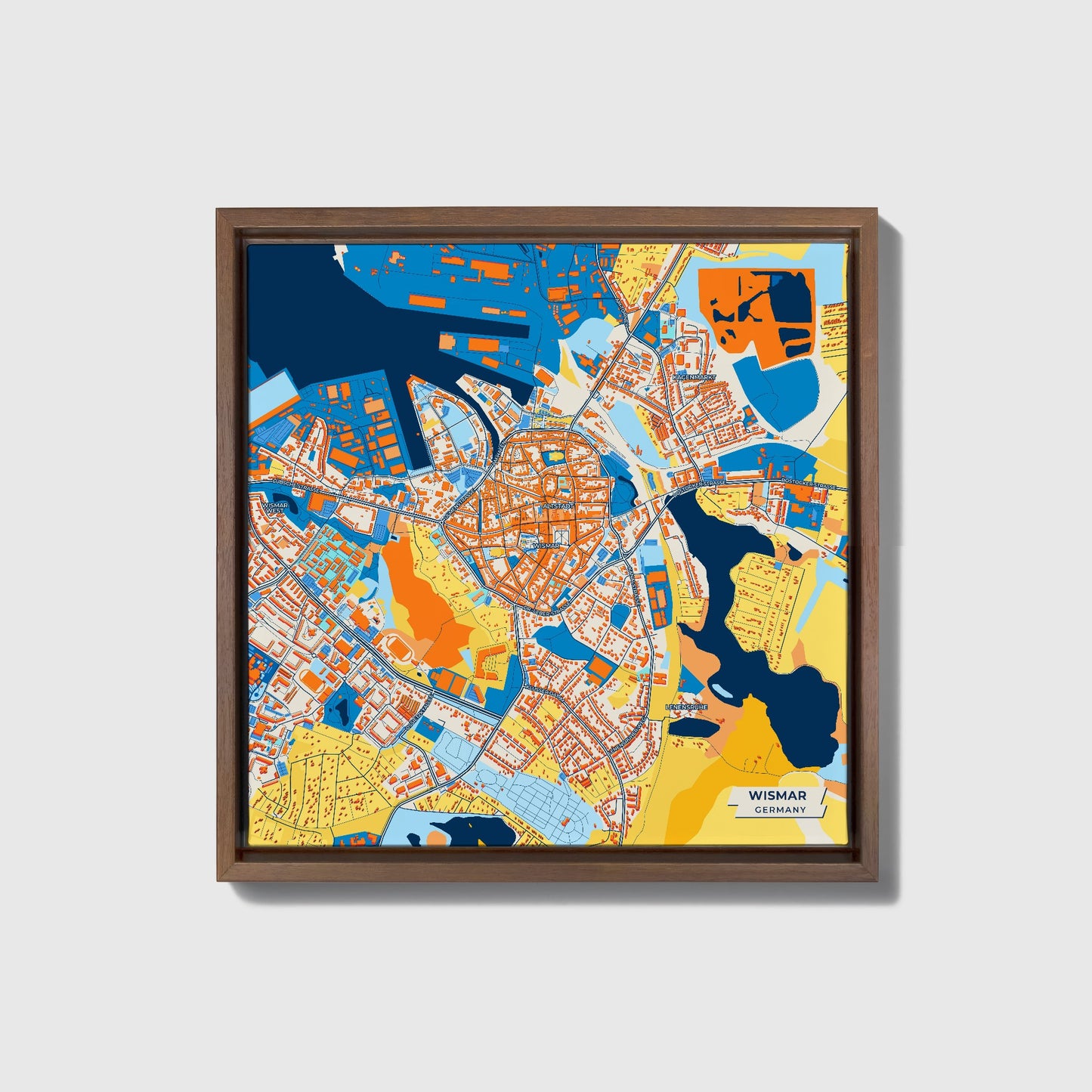 Wismar Germany Colorful City Map Canvas Print • Dark Wooden Framed