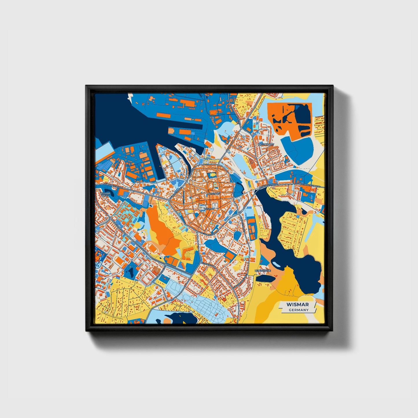 Wismar Germany Colorful City Map Canvas Print • Black Framed