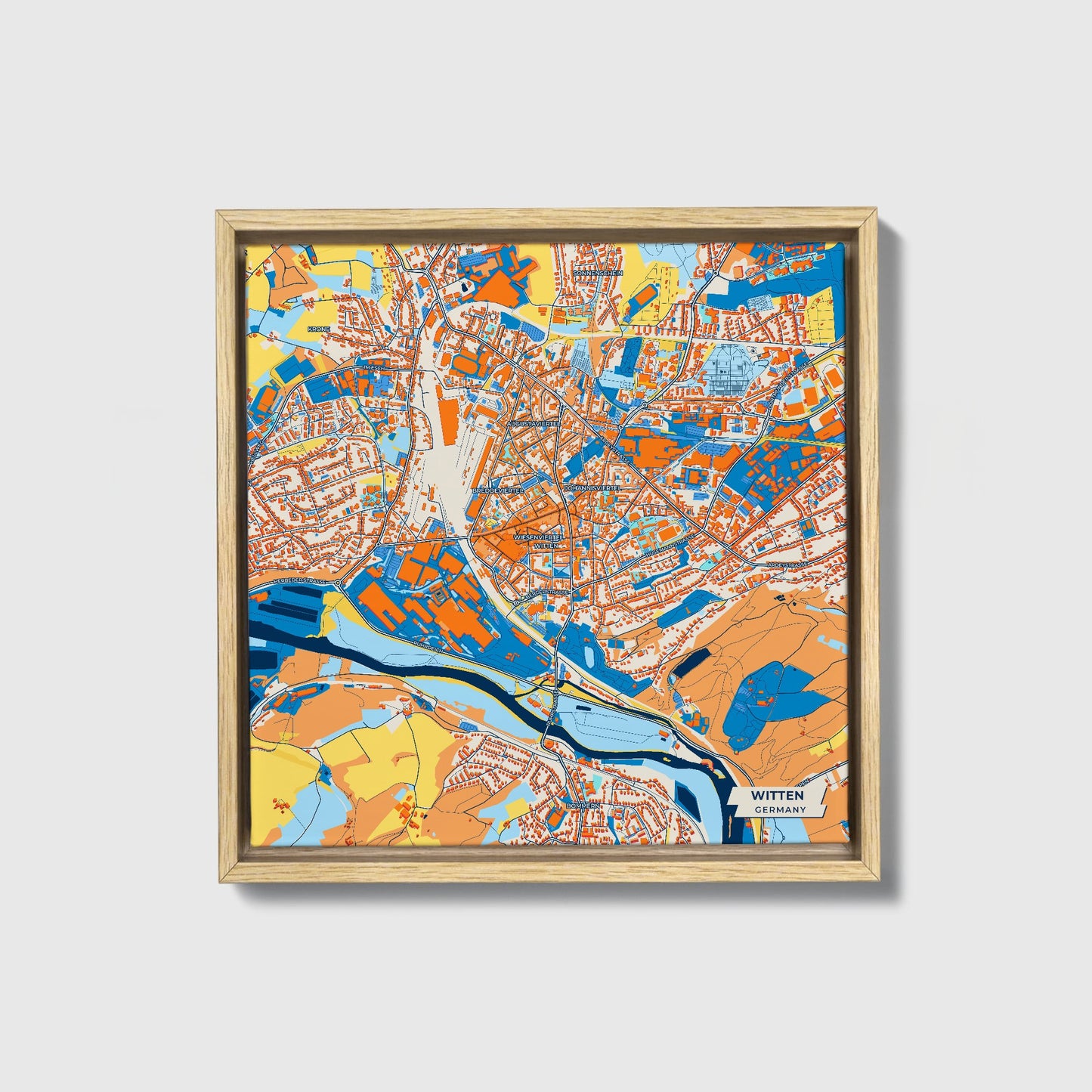 Witten Germany Colorful City Map Canvas Print • Natural Wooden Framed