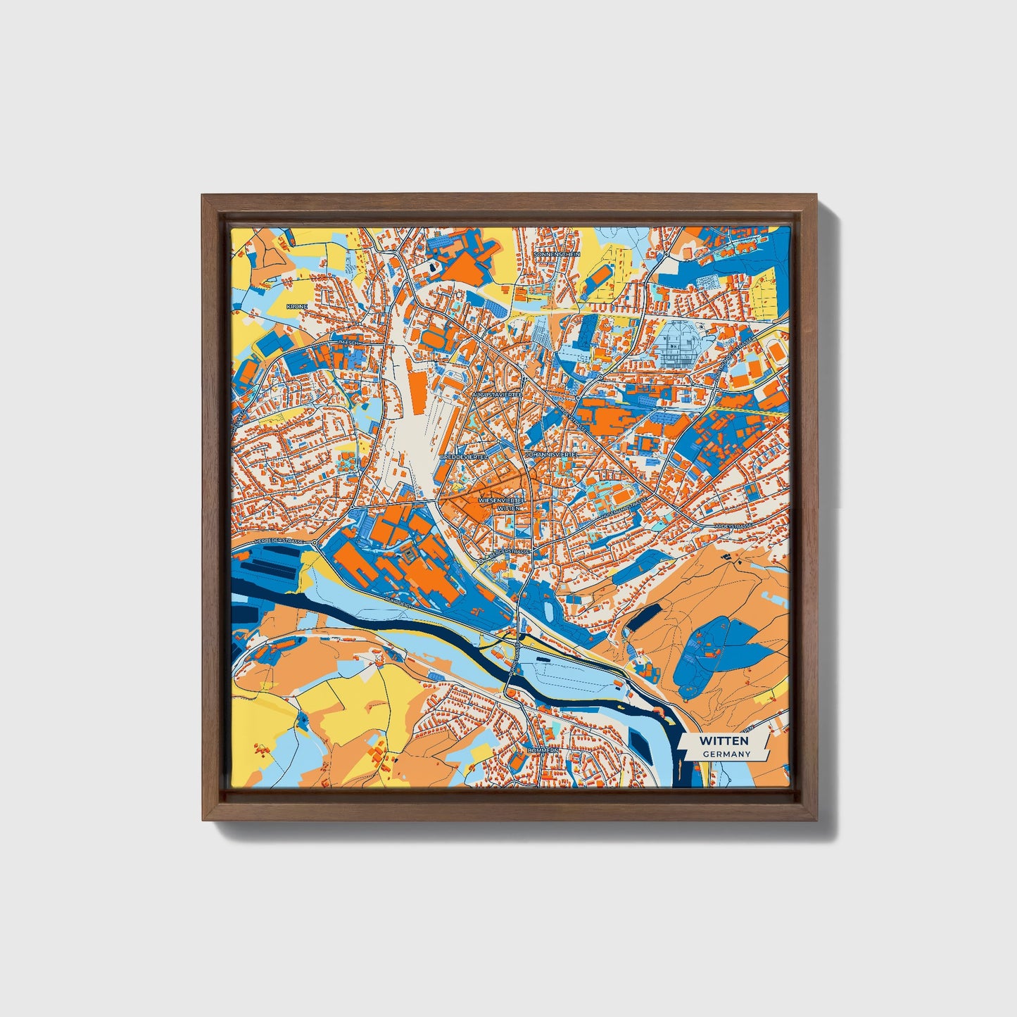 Witten Germany Colorful City Map Canvas Print • Dark Wooden Framed