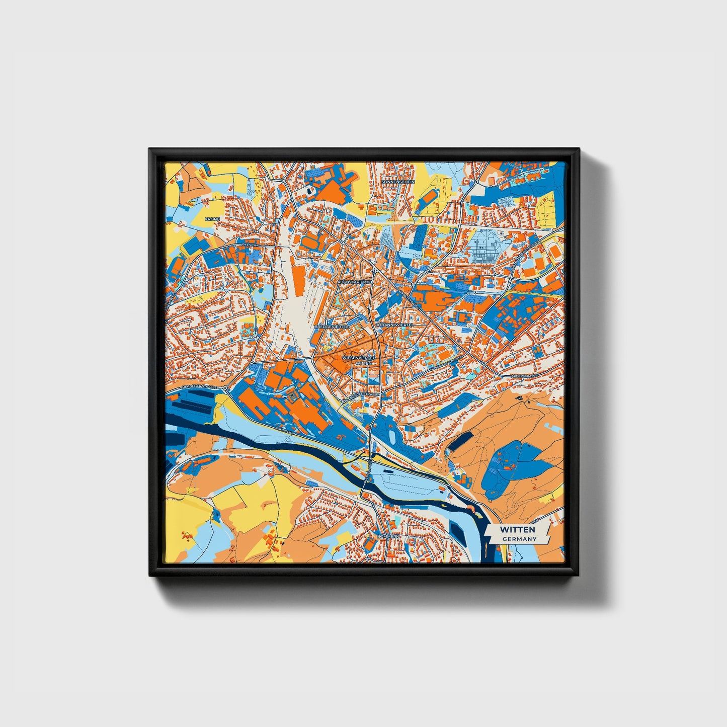 Witten Germany Colorful City Map Canvas Print • Black Framed